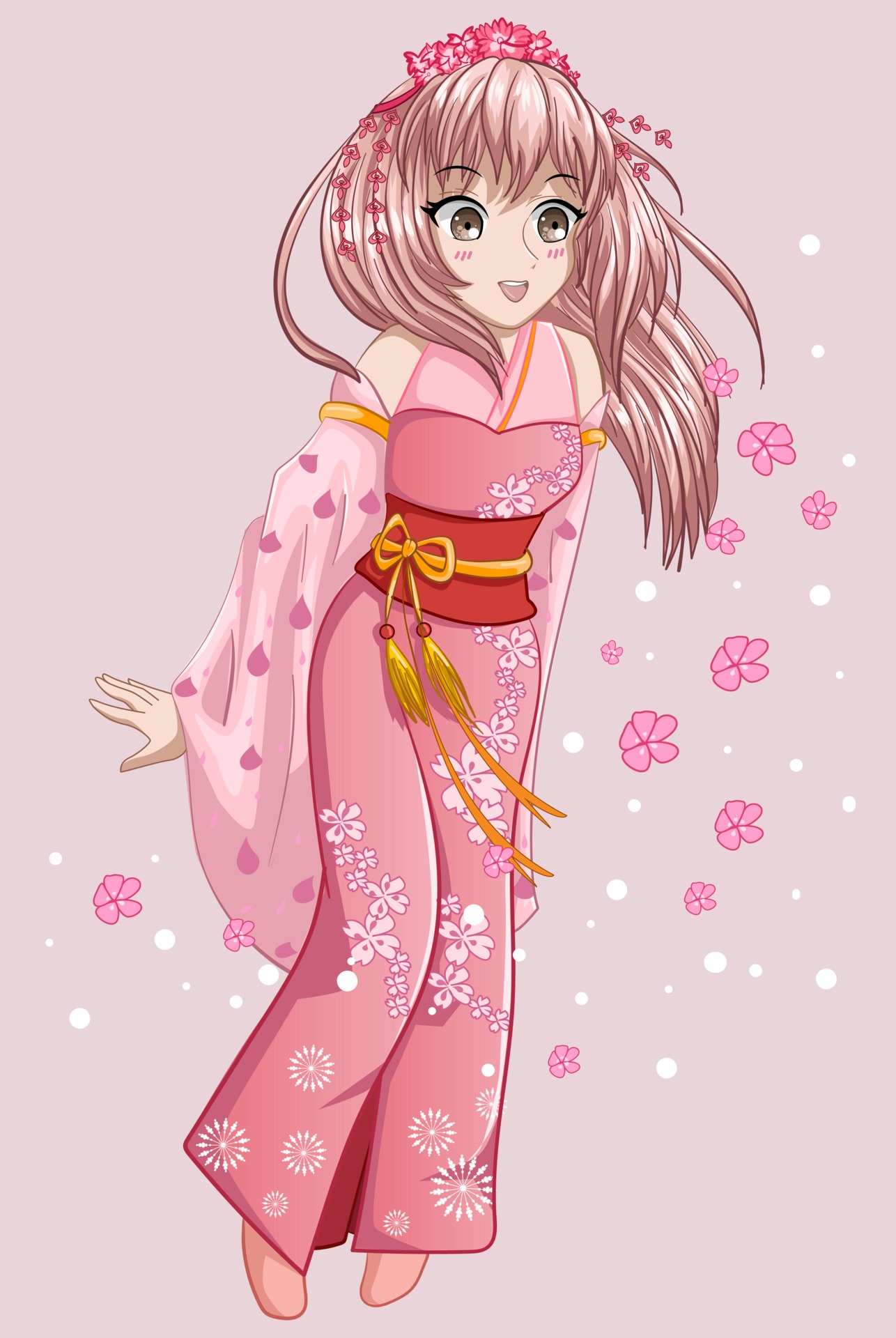 Desenho animado no estilo kawaii de uma linda garota com cabelo colorido  segurando uma boneca de cabelo cor-de-rosa
