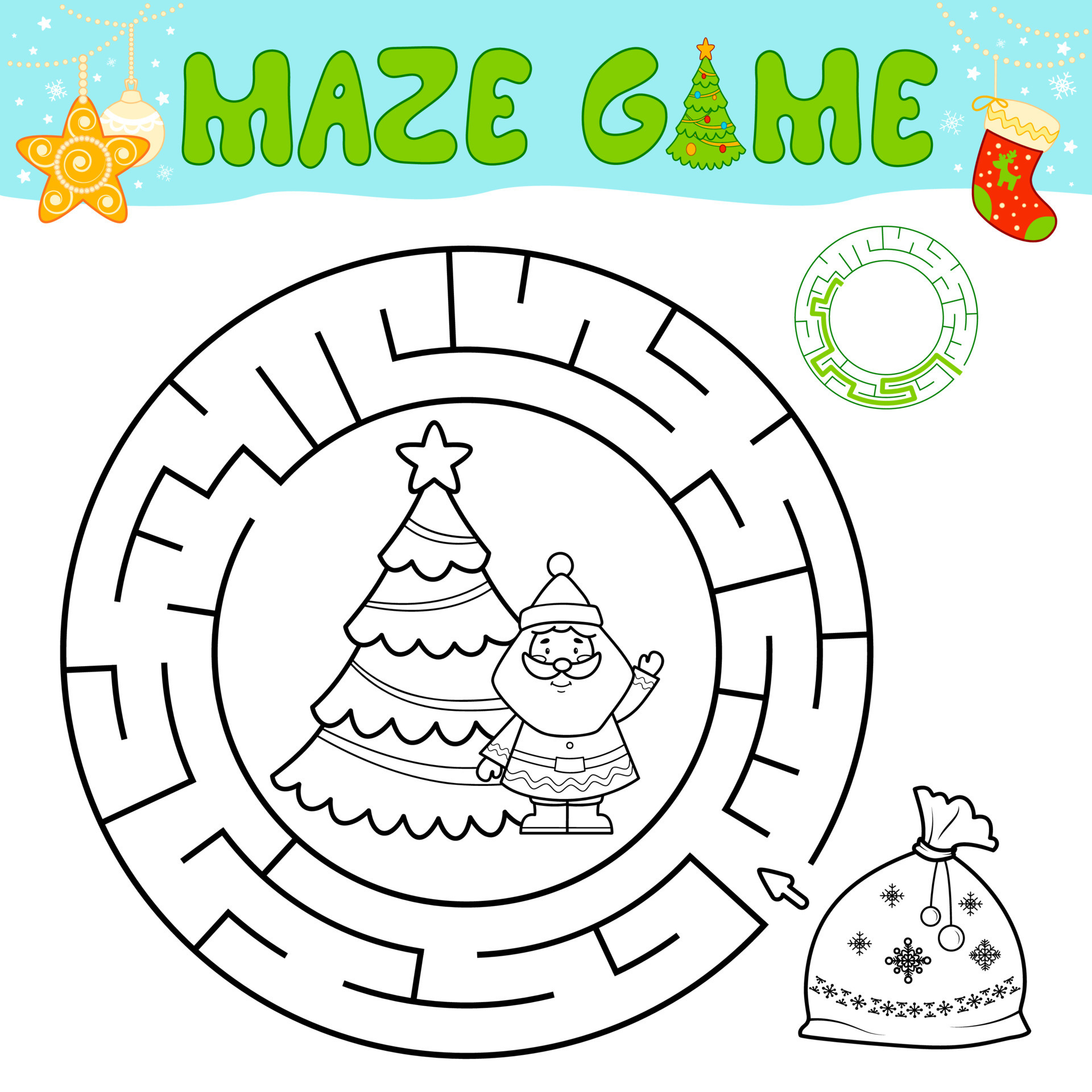 Natal Preto e branco Labirinto enigma jogos para crianças. esboço círculo  Labirinto ou labirinto jogos com Natal bolsa. 19856178 Vetor no Vecteezy