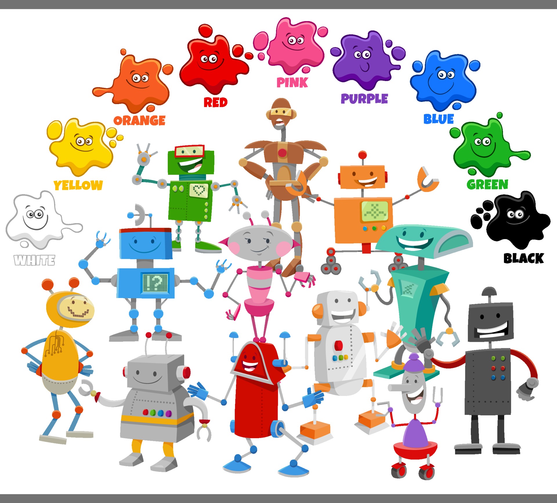 Desenho de cores básicas com conjunto de personagens de robôs para