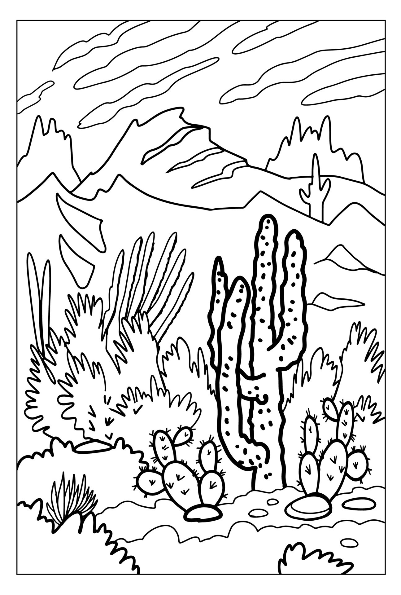 página para colorir com cactos florescendo no deserto do arizona