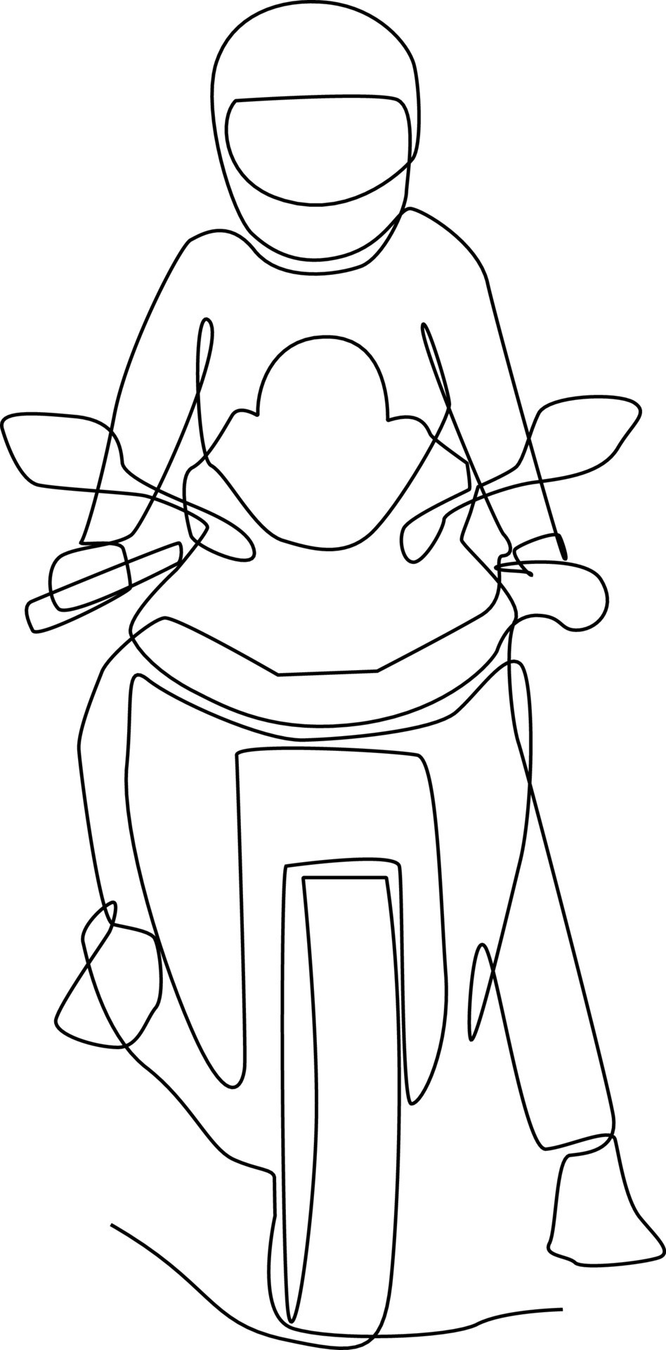 único motociclista de desenho de linha usando capacete, andando de moto na  estrada de asfalto. jovem de macacão de piloto e capacete sentado na  bicicleta esportiva. ilustração em vetor gráfico de desenho