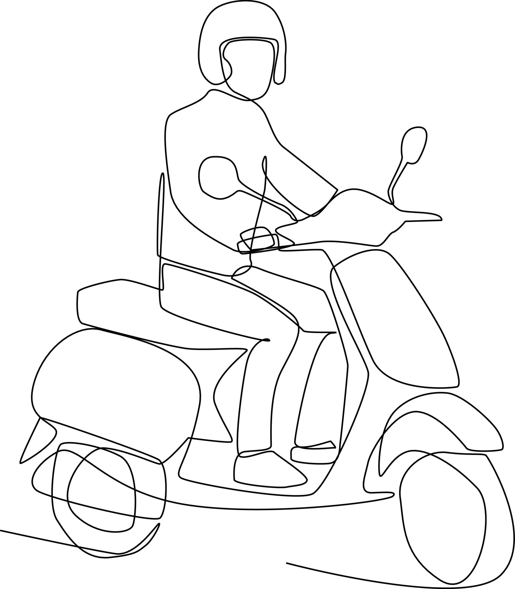 único motociclista de desenho de linha usando capacete, andando de moto na  estrada de asfalto. jovem