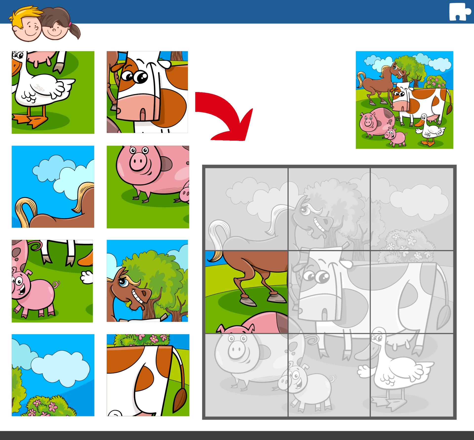 jogo de quebra-cabeça com personagens engraçados de animais de fazenda  2212106 Vetor no Vecteezy