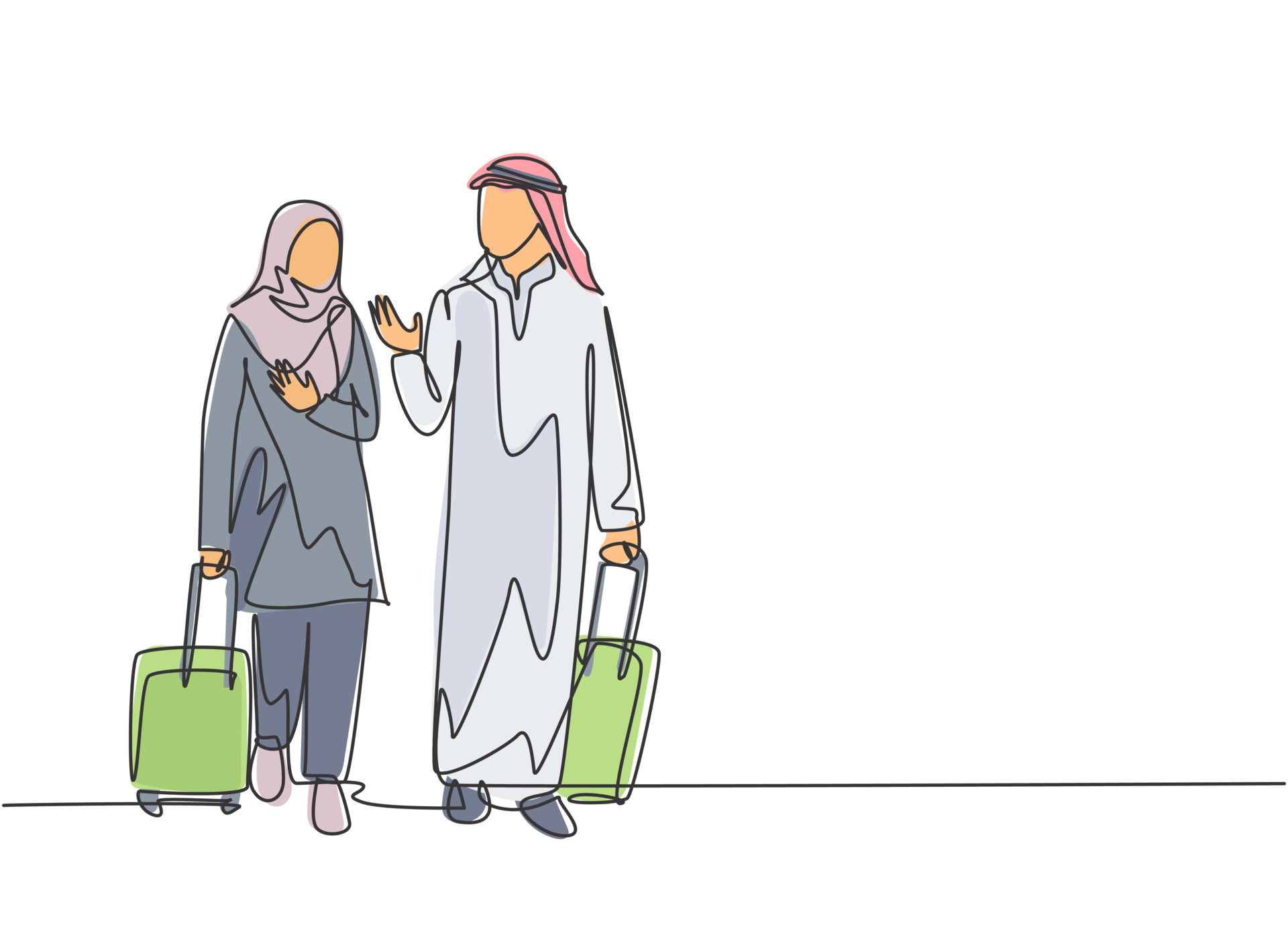 desenho de linha única contínua de jovens gerentes muçulmanos do sexo masculino e feminino conversando após uma viagem de negócios ao exterior