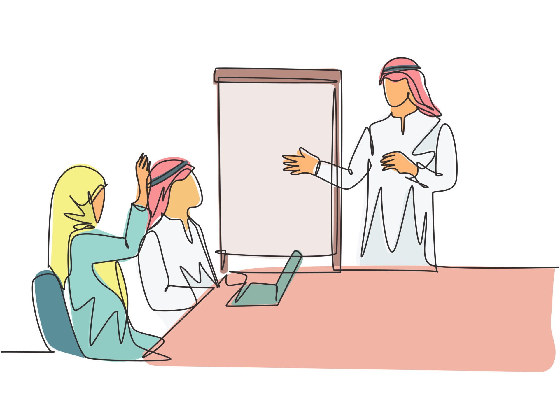 desenho de linha única contínua de jovens empresários muçulmanos do sexo masculino e feminino participando do coaching de negócios foto