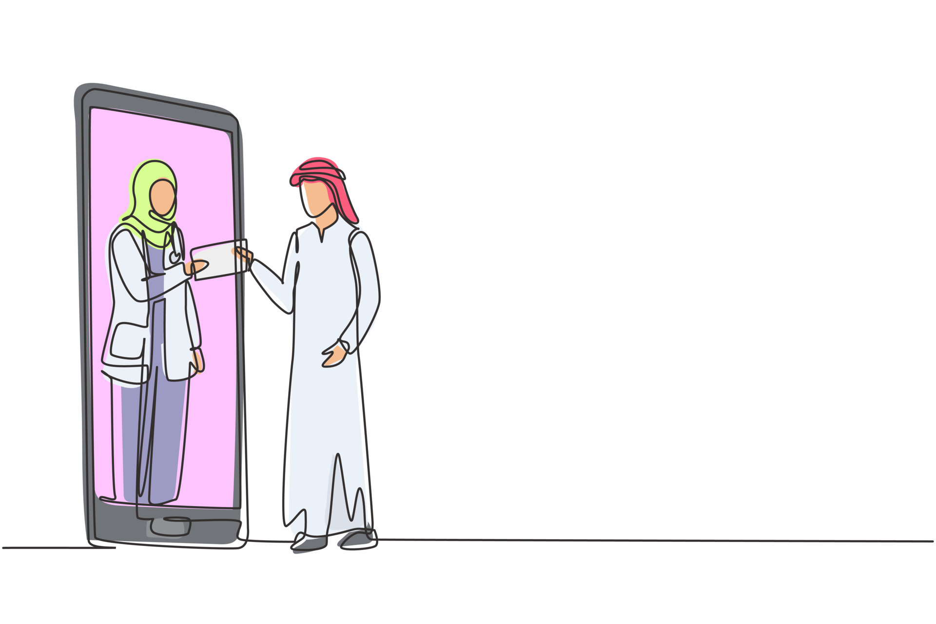 único desenho de linha paciente árabe do sexo masculino recebendo receita da médica hijab no smartphone