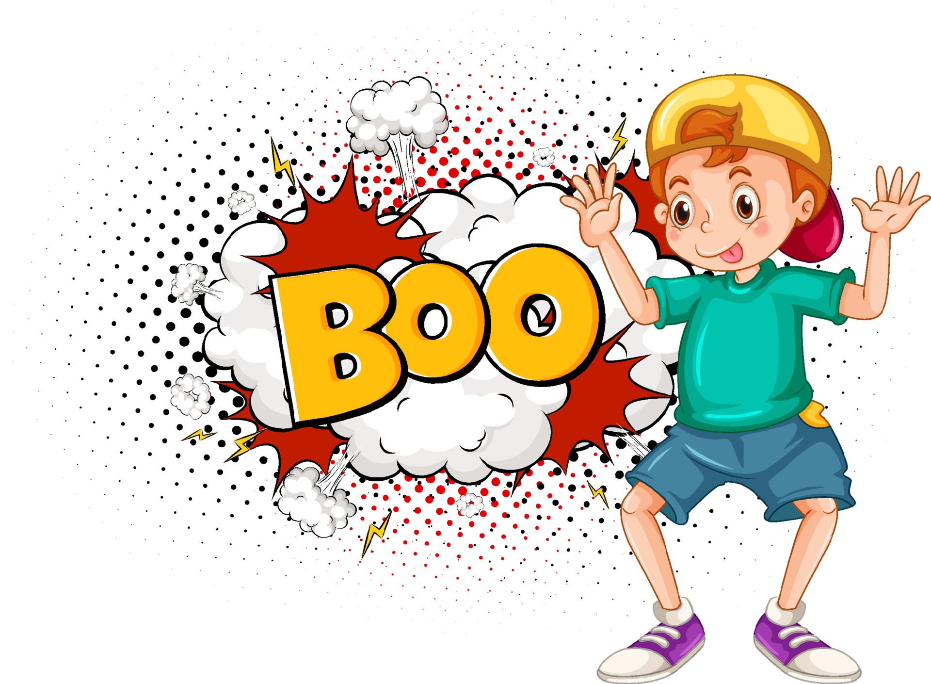 boo word na explosão de bomba com um menino personagem de desenho animado  isolado 2062898 Vetor no Vecteezy