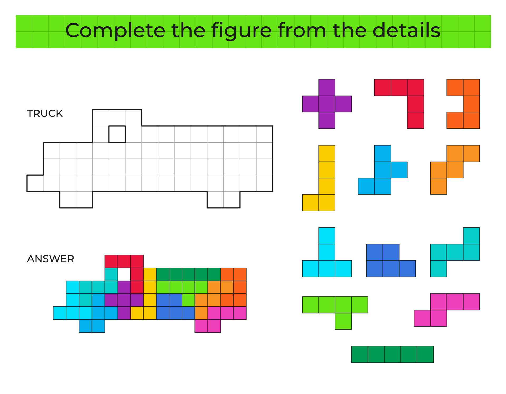 enigma jogos com caminhão. colorida detalhes para crianças. completo  figura. Educação jogos para crianças, pré escola planilha atividade. tetris  jogo. vetor ilustração. 20638645 Vetor no Vecteezy