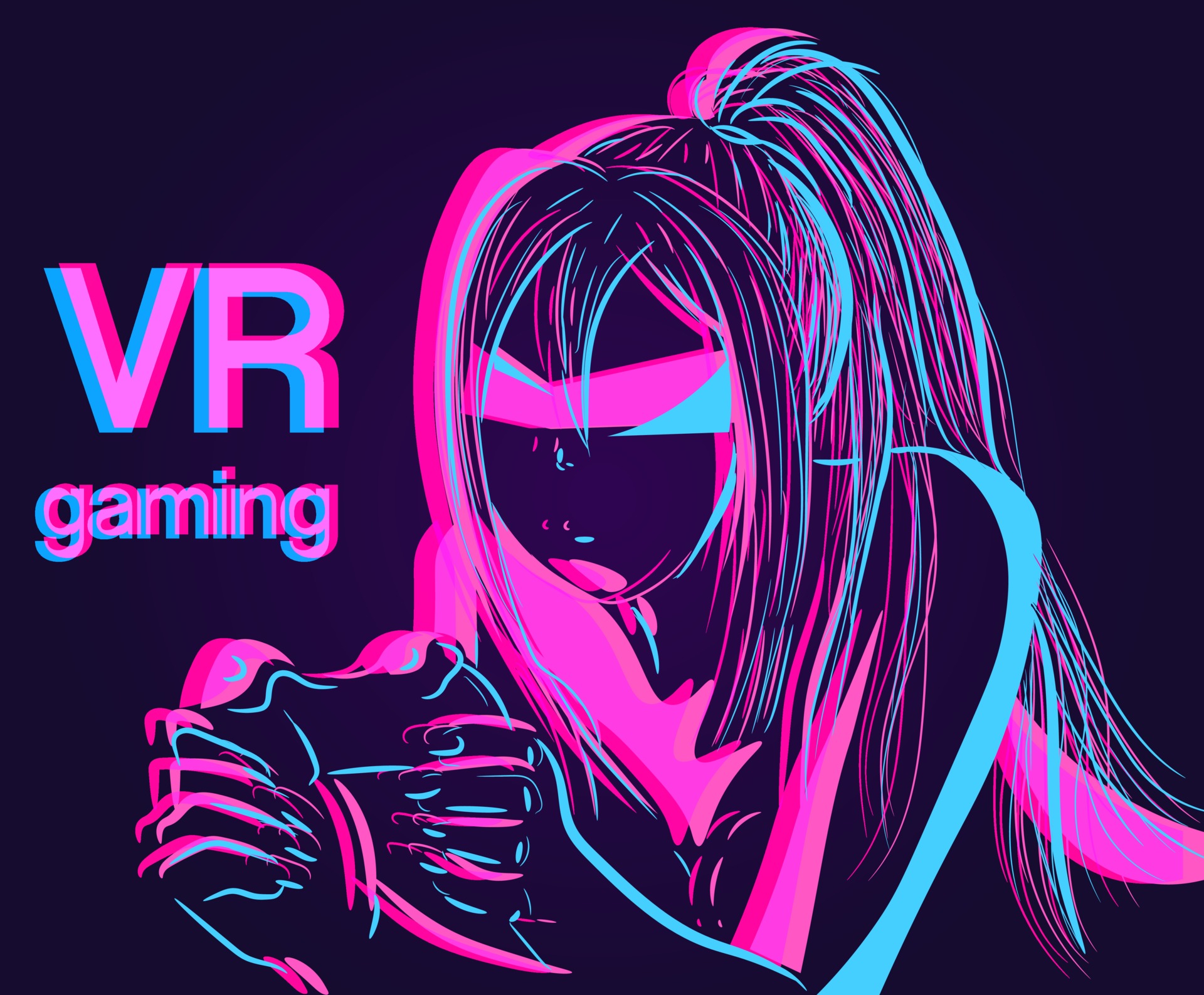 Menina animada usando óculos vr desfrutando de jogo online com cubos  virtuais neon brilhantes neon
