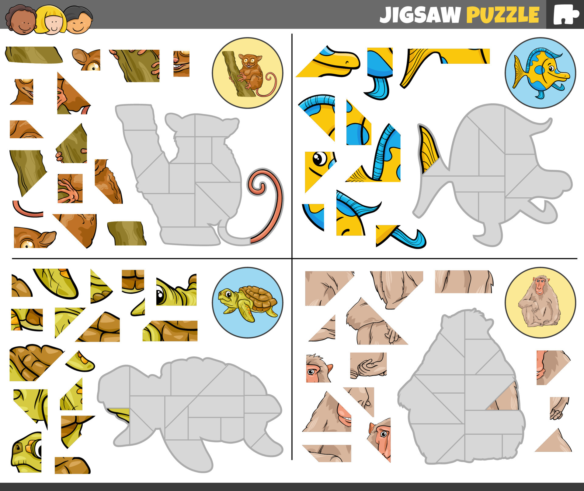 quebra-cabeças enigma jogos conjunto com engraçado desenho animado animais  21701825 Vetor no Vecteezy