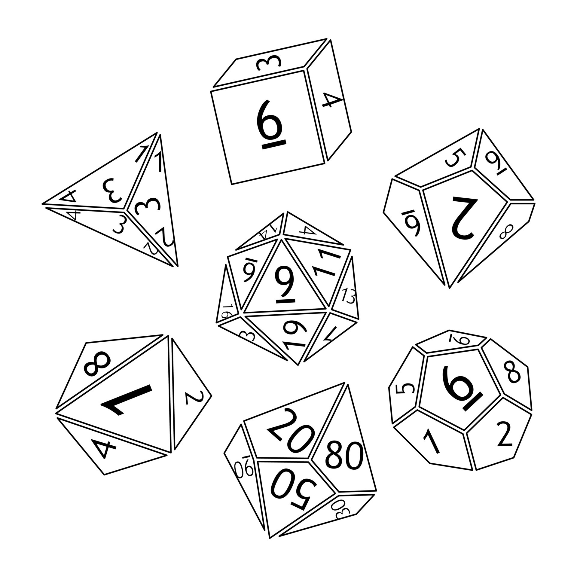 D4 d6 d8 d10 d12 e d20 dados para jogos de tabuleiro, dnd conjunto de  dados. dados de rpg para jogo de mesa. vetor