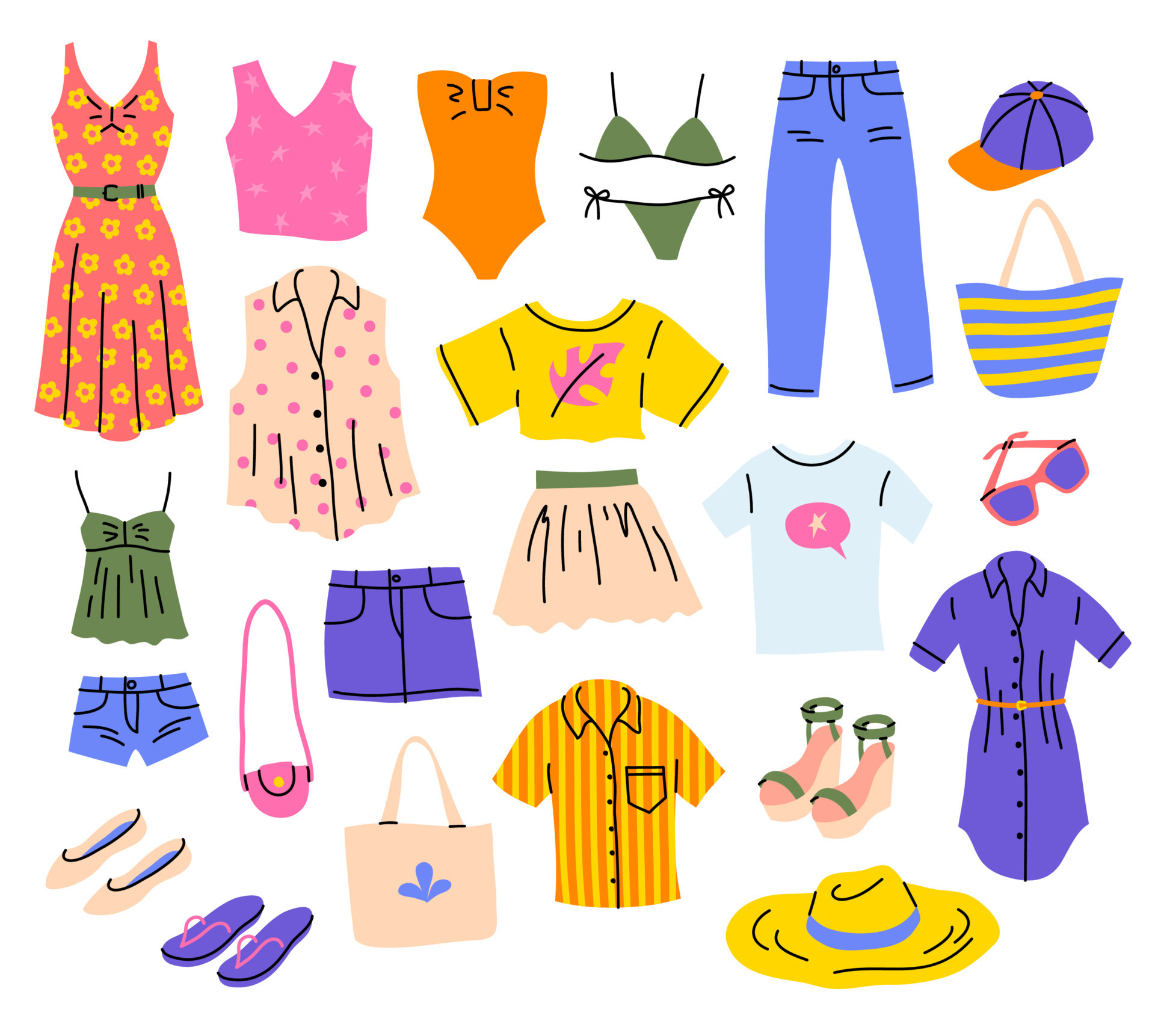 desenho animado cor diferente verão moda roupas definir. vetor