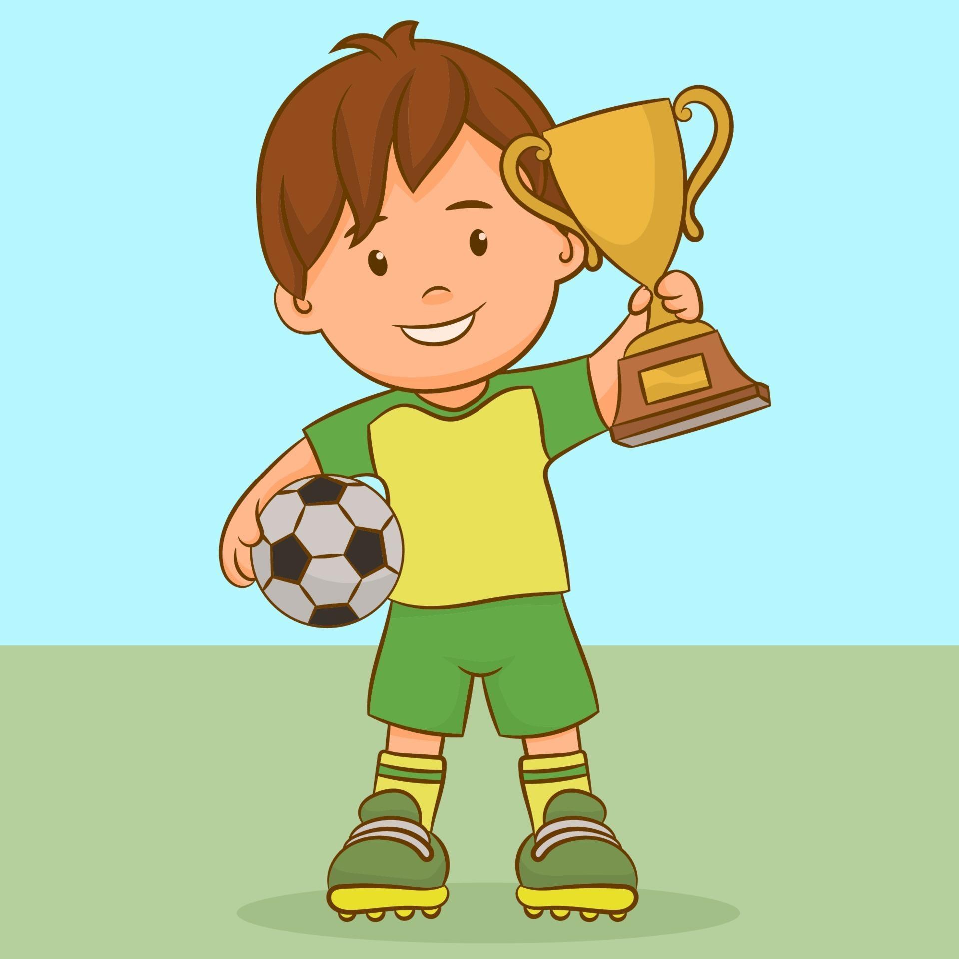 Vencedor de bola de futebol de personagem com copa ilustração de desenho  animado de futebol