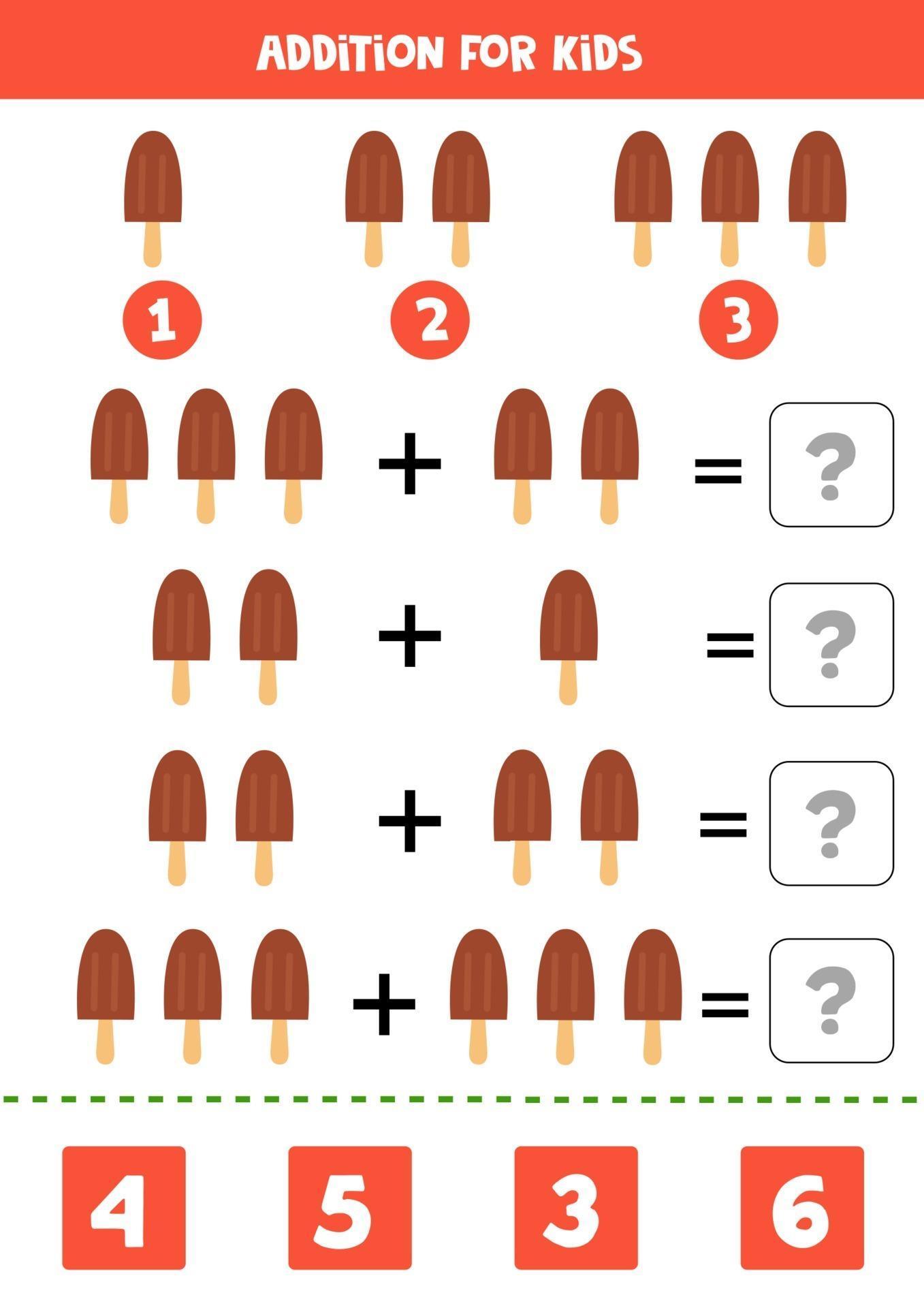 Adição com sorvete dos desenhos animados. jogo de matemática