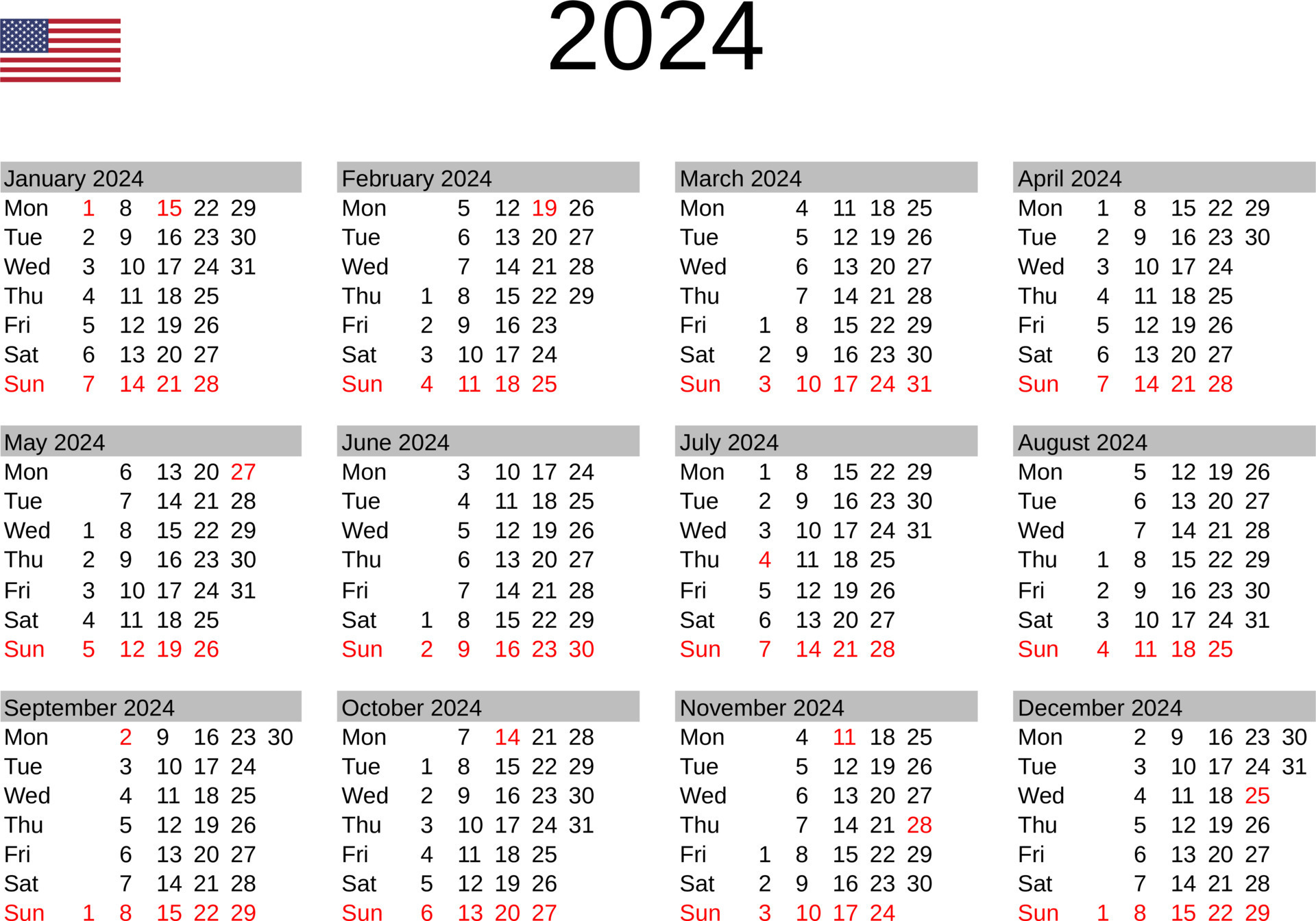 ano 2024 calendário dentro Inglês com Unidos estados feriados 22819486