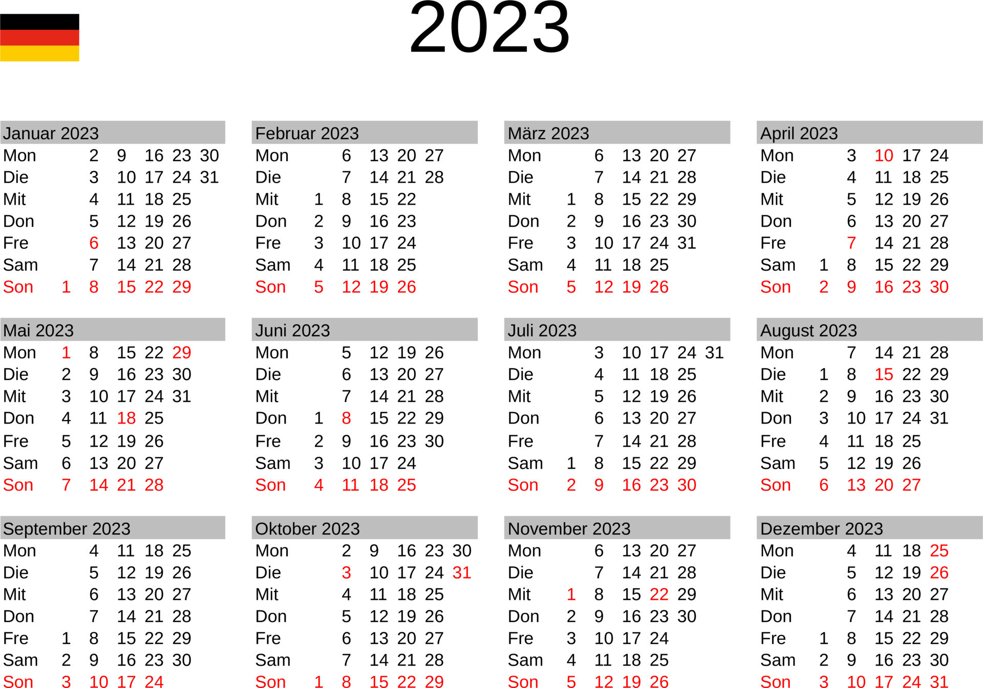 ano 2023 calendário dentro alemão com Alemanha feriados 22819498 Vetor
