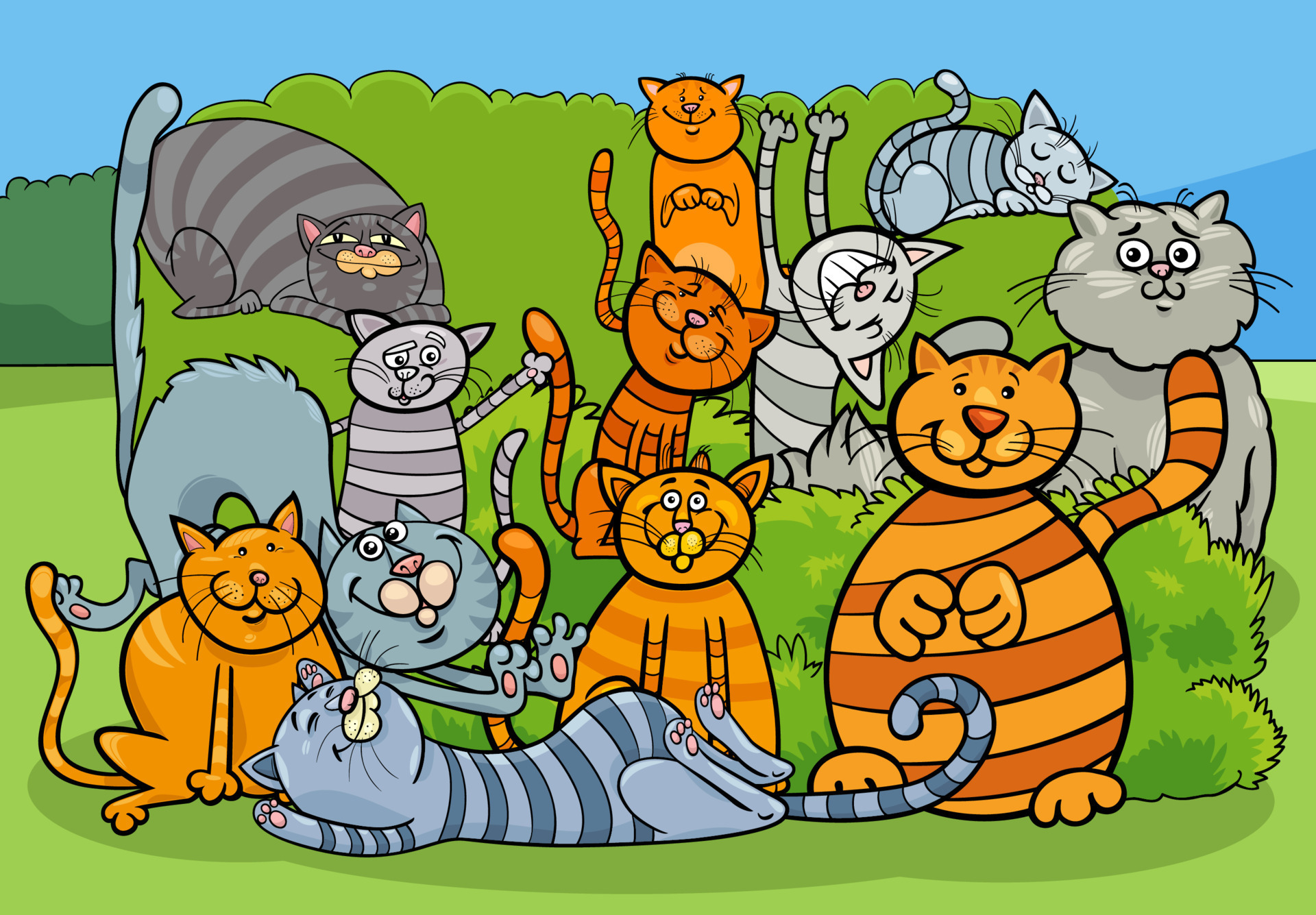 Gatos e gatinhos dos desenhos animados, conjunto de personagens de  quadrinhos para colorir página