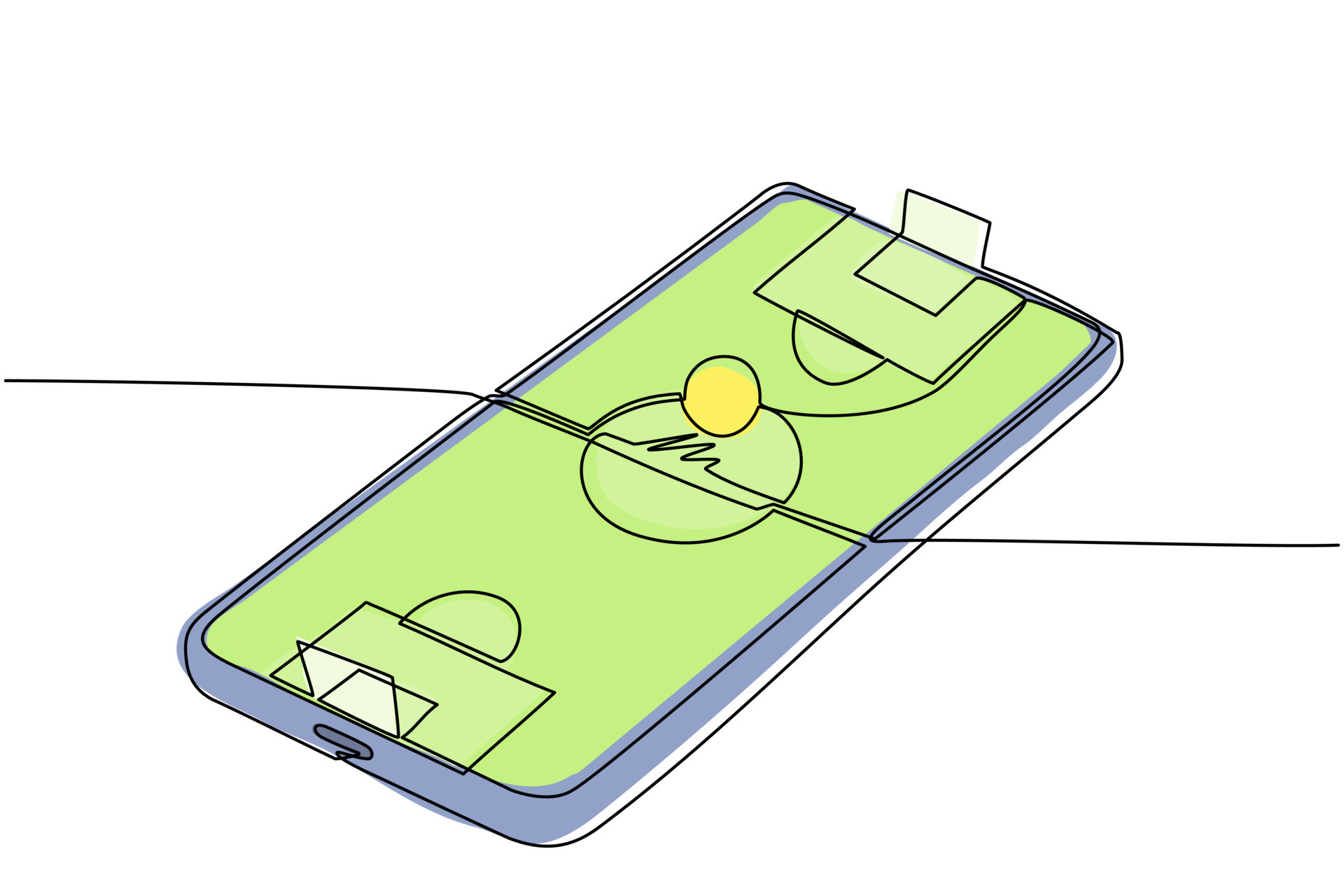 único jogador de futebol de desenho de linha contínua segurando uma bola de  futebol e smartphone.