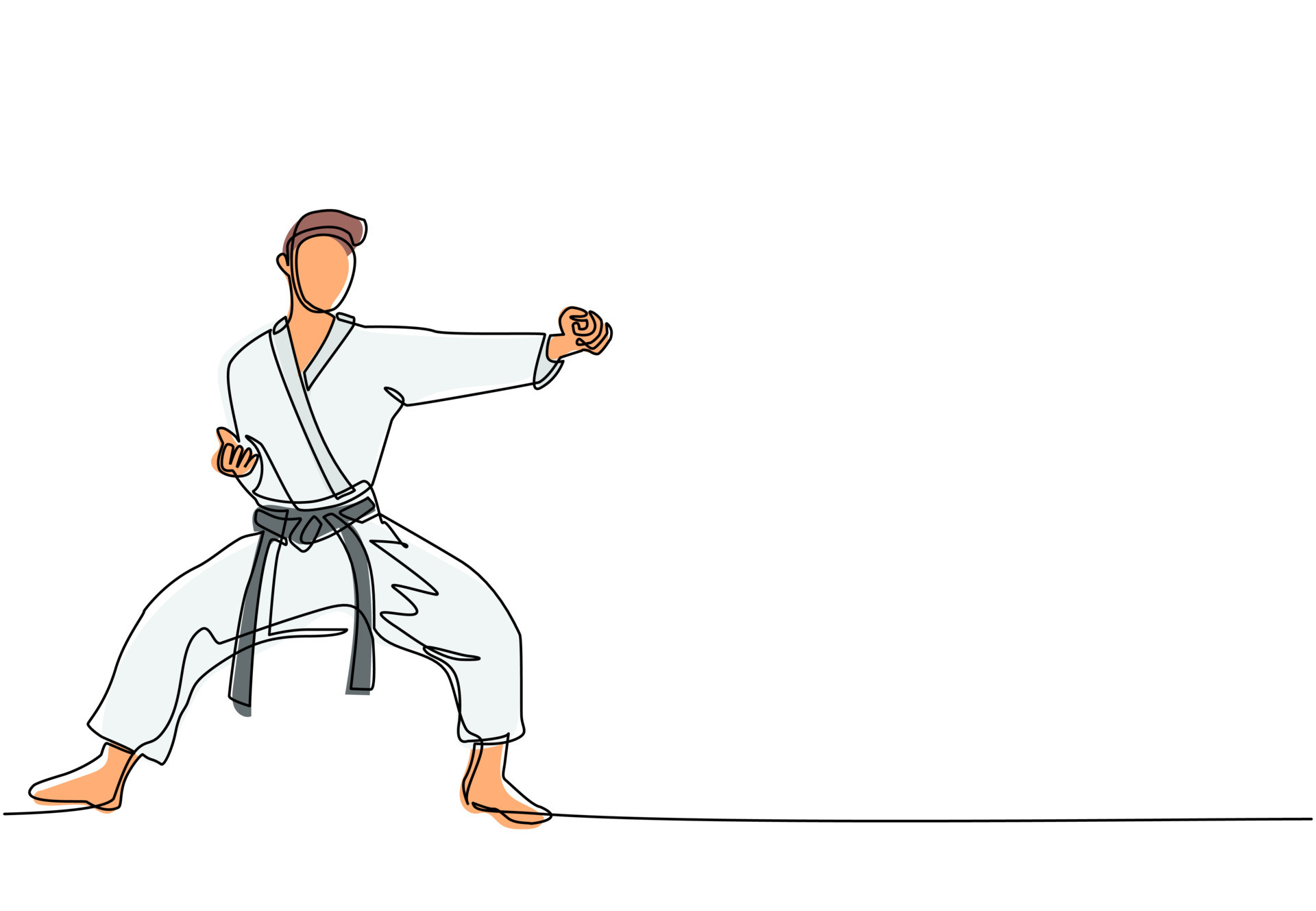 único desenho de uma linha karateka homem trem com pose de soco para duelo  lutando saindo