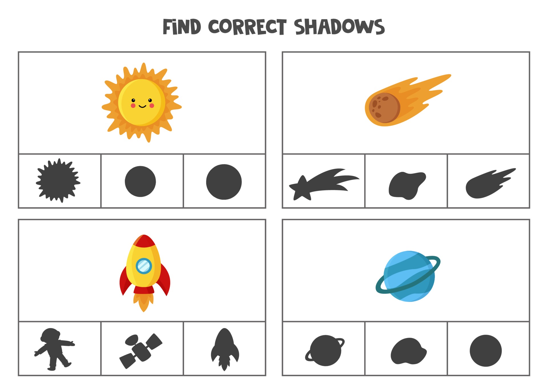 Encontre a sombra correta do espaço Clipes para imprimir jogos de cartas  para crianças 2385761 Vetor no Vecteezy