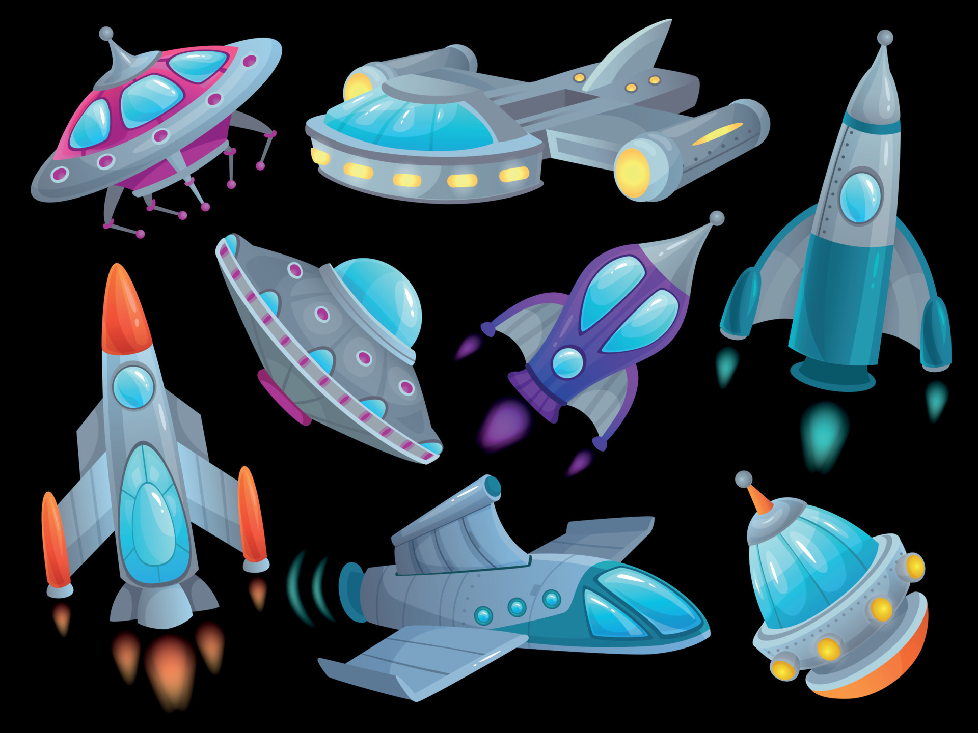 Desenhos animados planetas e naves espaciais. foguetes fantásticos