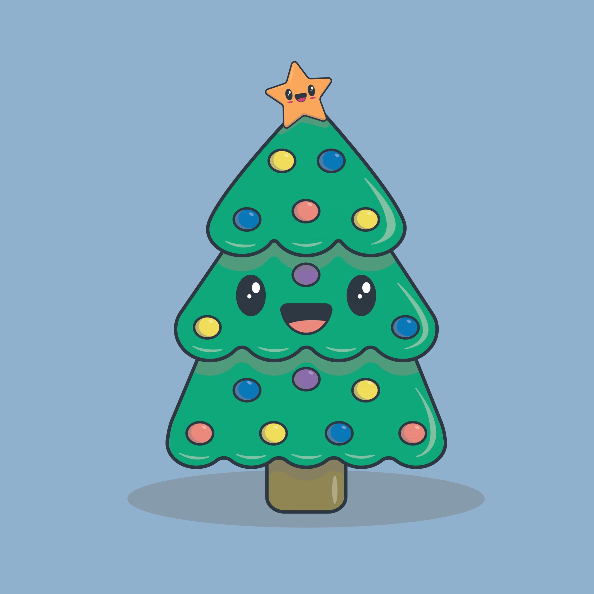 Desenho fofo de árvore de natal kawaii feliz com corações