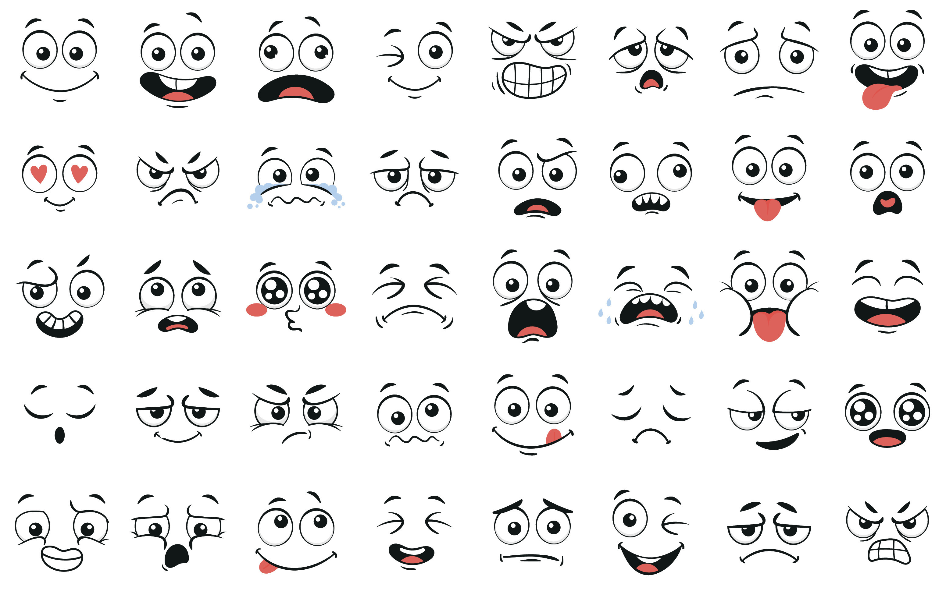 rosto de desenho animado. boca e olhos expressivos, sorriso, choro e  expressão facial de personagem surpresa. emoção cômica da caricatura ou  doodle emoticon. ícone de ilustração vetorial isolado 4505005 Vetor no  Vecteezy