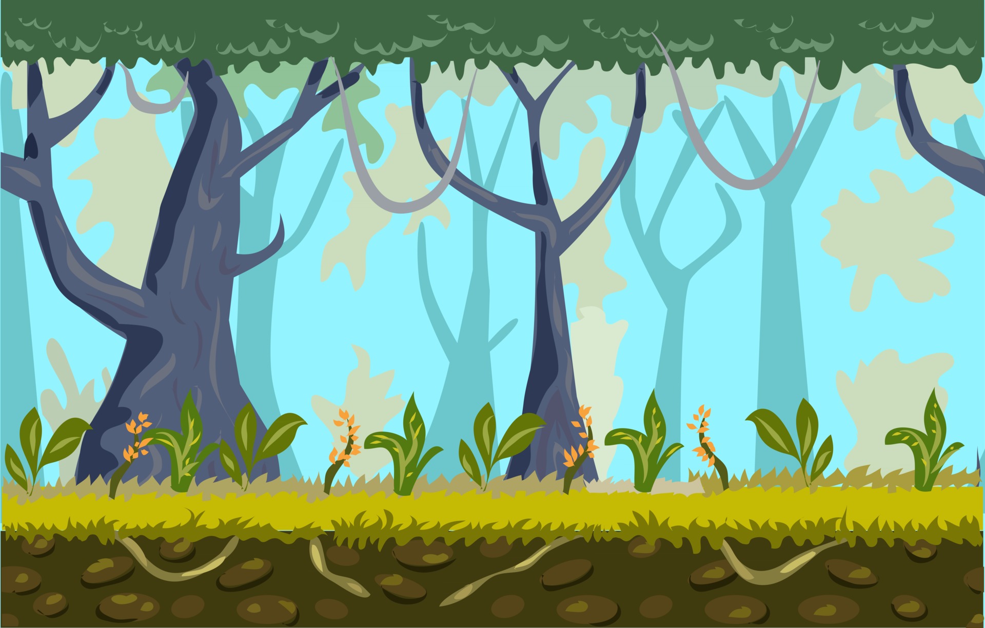 Um fundo para jogo 2d de floresta com arvores diversas, um rio e