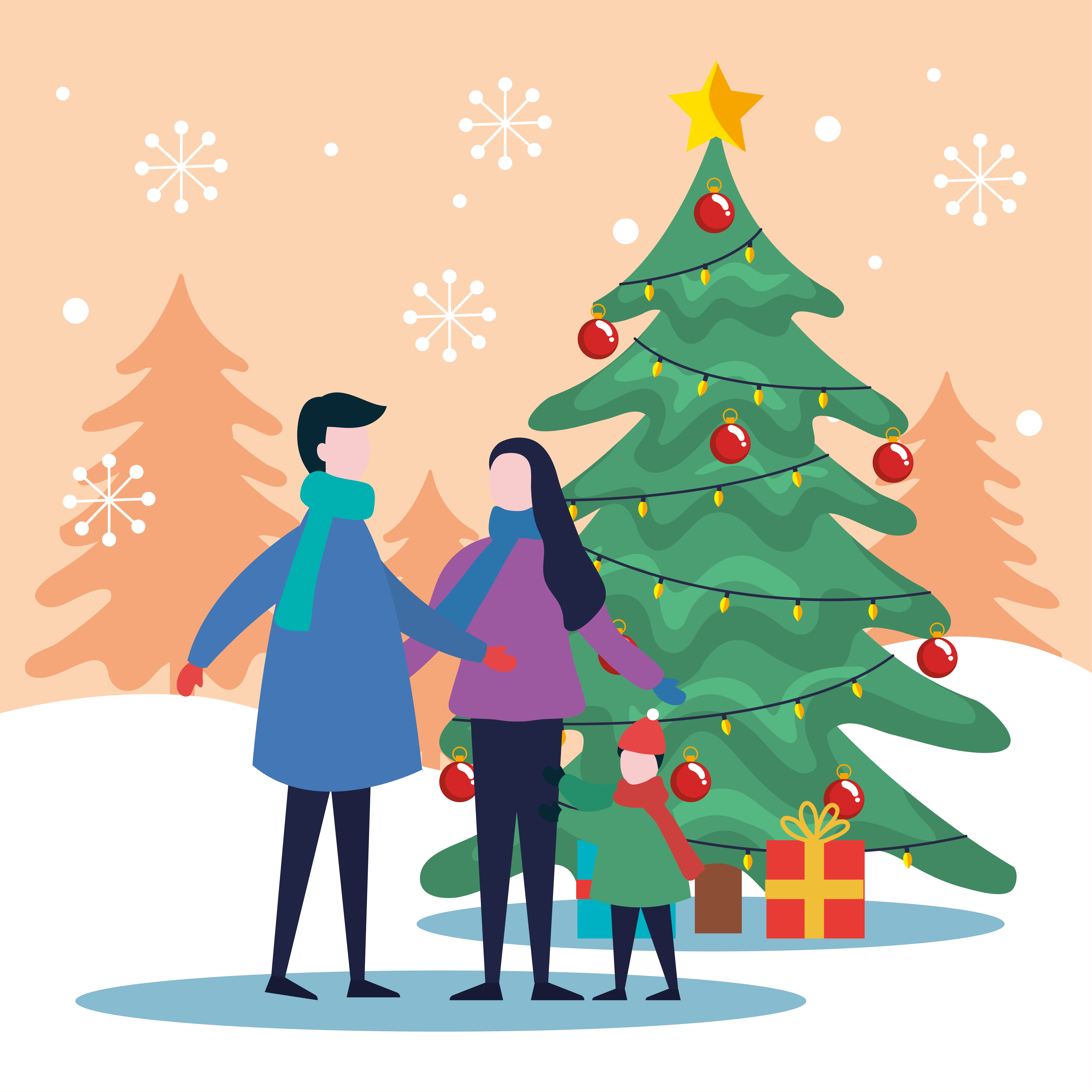 Feliz Natal, pai, mãe e filho com pinheiro e desenho vetorial de presentes  2498758 Vetor no Vecteezy