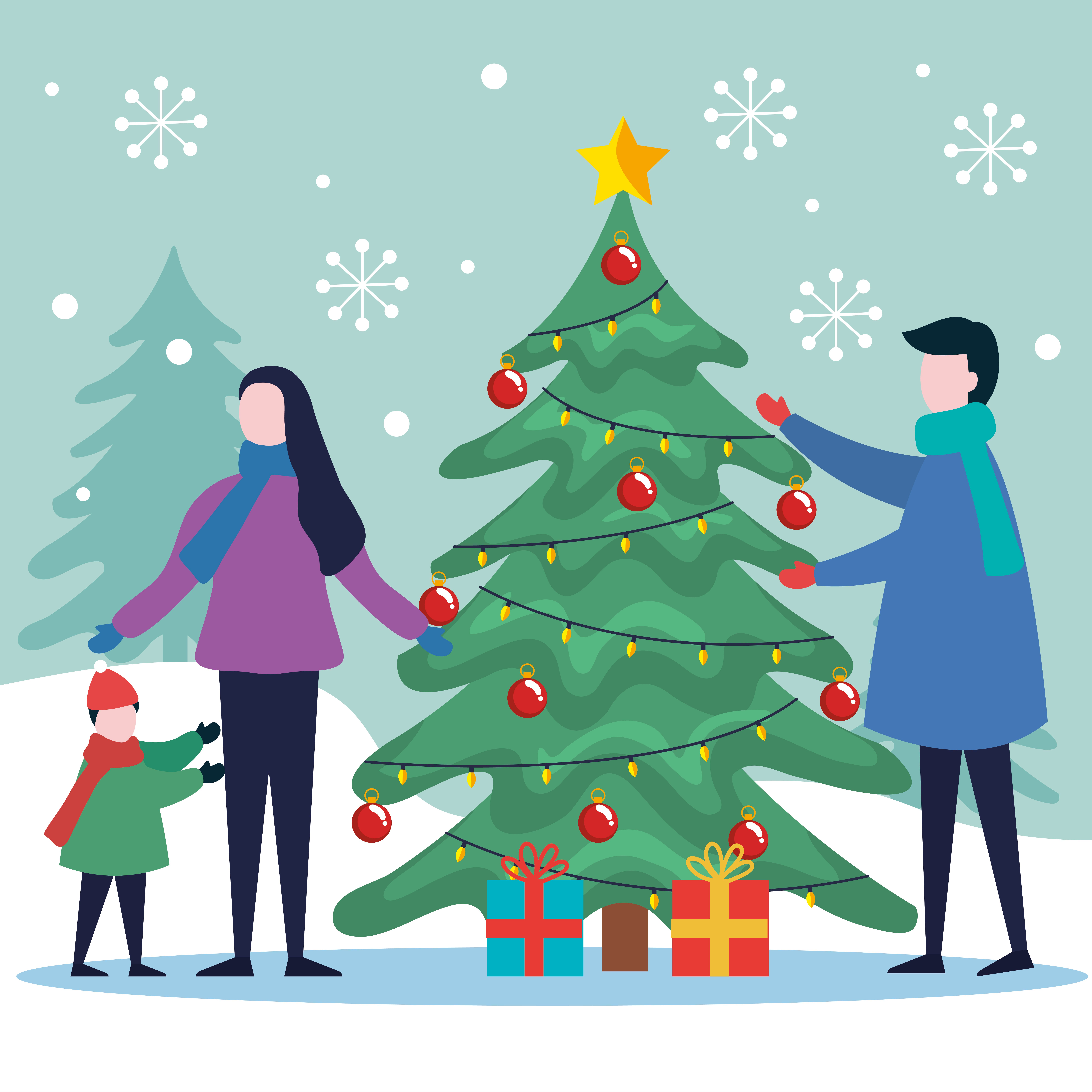 Feliz Natal pai, mãe e filho com pinheiro e desenho vetorial de presentes  2531701 Vetor no Vecteezy