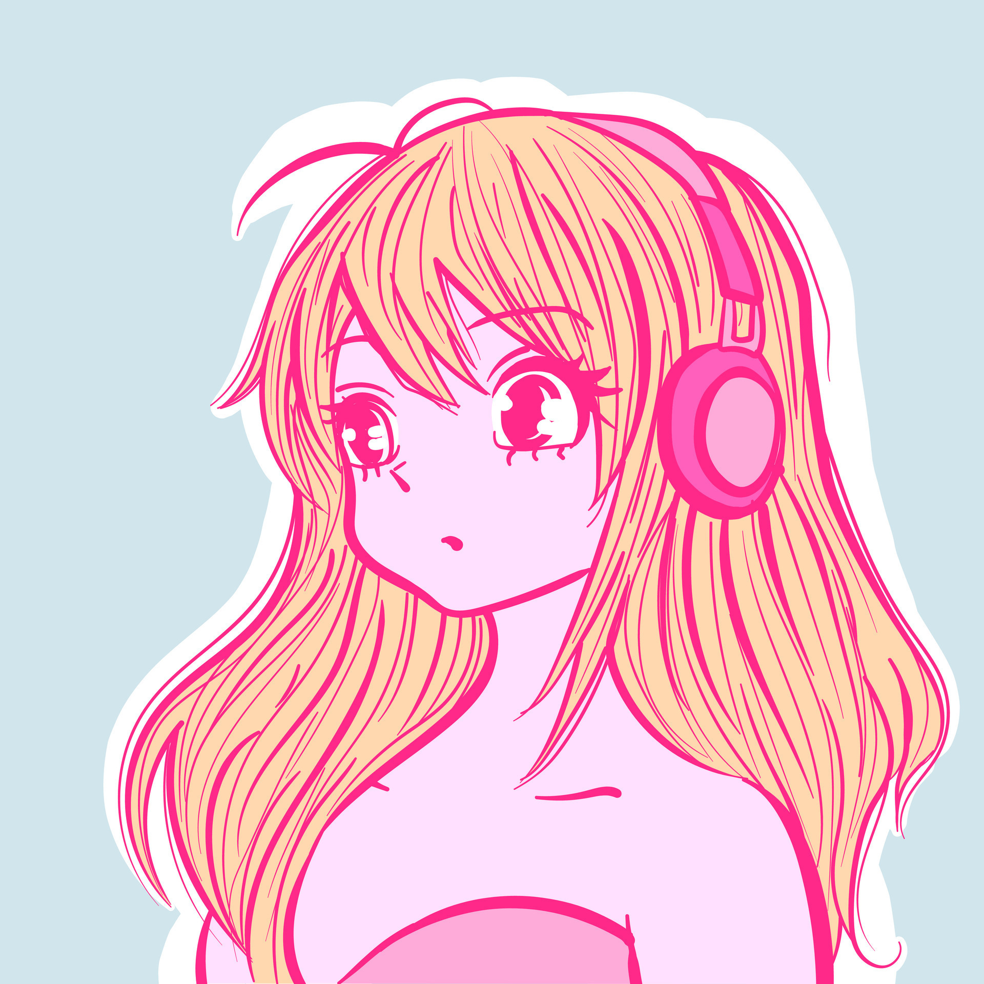 Menina de anime com fones de ouvido ouve música retrato de