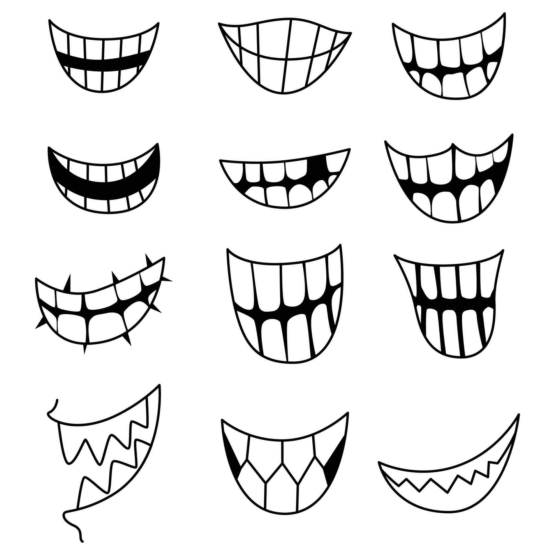 Várias opções de boca aberta com lábios, língua e dentes. bocas de desenho  animado com diferentes expressões. sorria com os dentes, a língua de fora,  surpreso. desenho animado