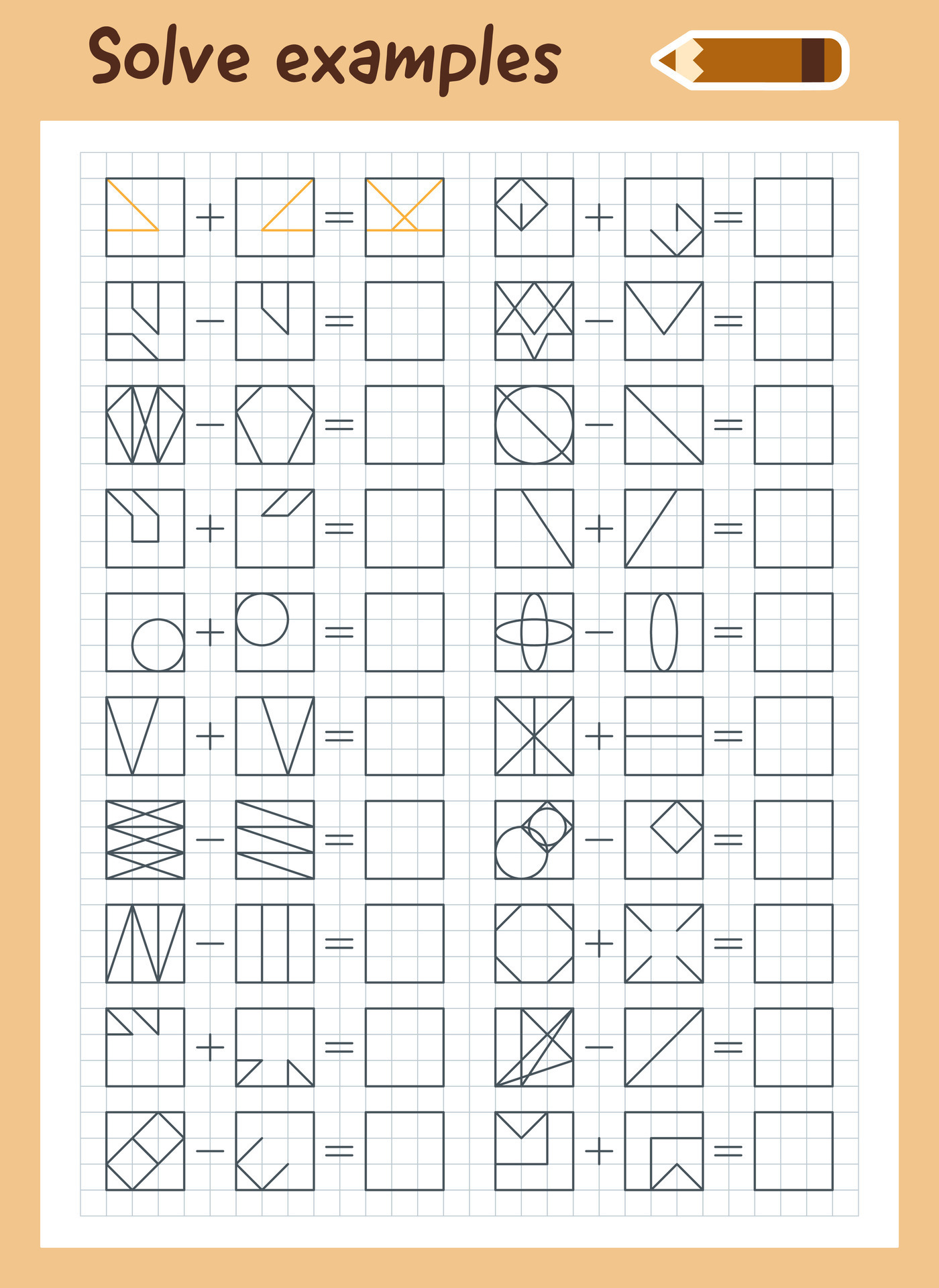 lógica exercícios para crianças. resolver exemplos de acordo com para a  modelo. matemática jogos para crianças. imprimível planilha com gráfico  tarefas. Adição e subtração. 26111192 Vetor no Vecteezy