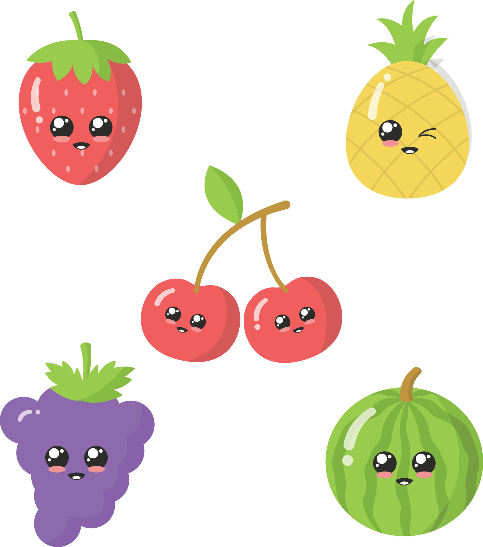 Conjunto de frutas kawaii dos desenhos animados isolado