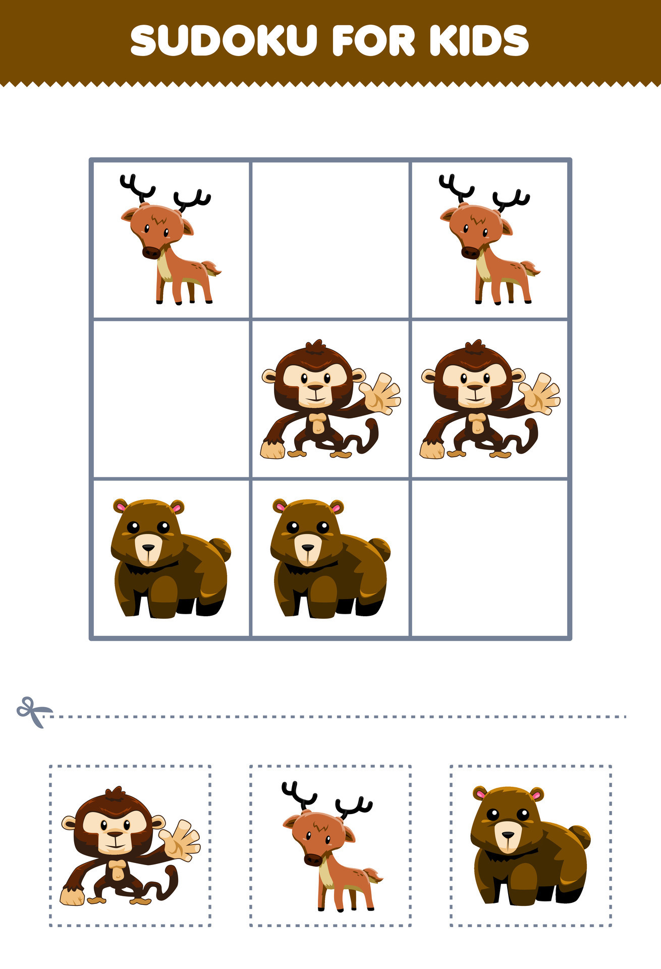 Educação jogos para crianças fácil sudoku para crianças com fofa desenho  animado macaco veado Urso imprimível animal planilha 26776609 Vetor no  Vecteezy