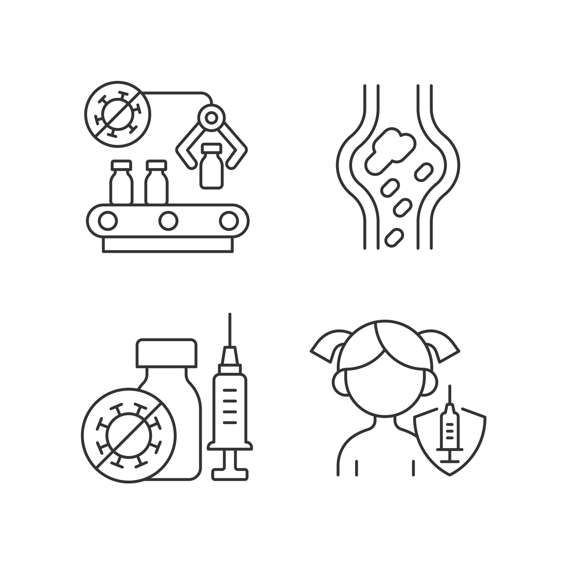 conjunto de ícones lineares de vacinação. fabricação farmacêutica