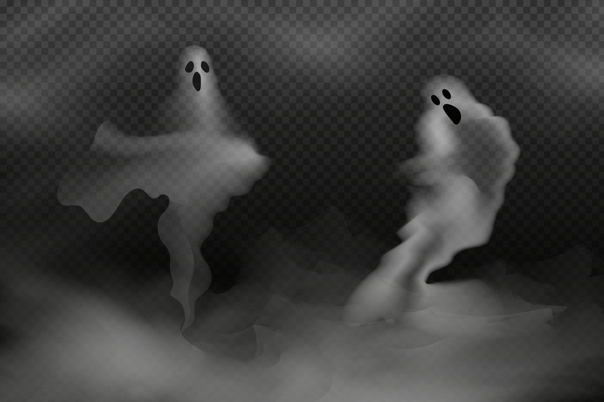 Fundo assustador de halloween com fantasmas voadores no banner de fantasmas  assustadores de fundo preto vetor conjunto fantasma realista