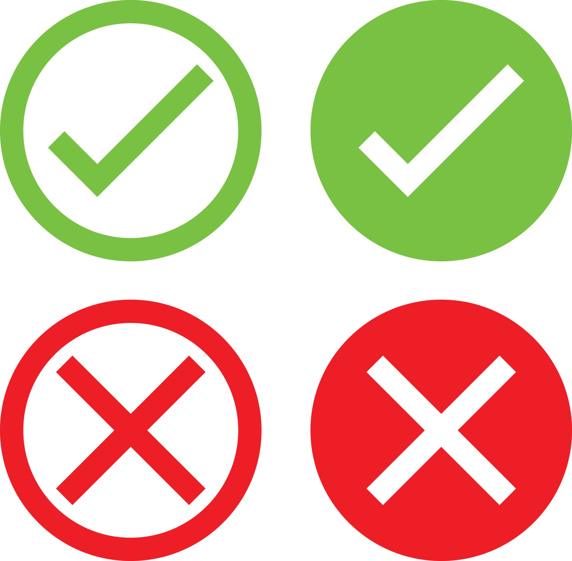 um conjunto de ícones verdes e x vermelhos que representam
