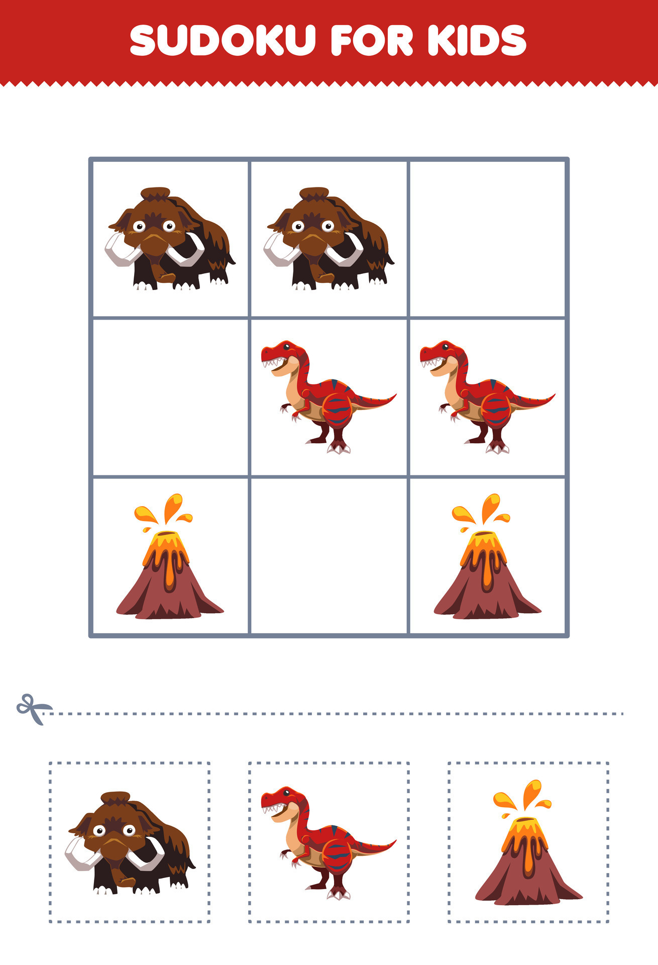 Jogo de educação para crianças sudoku fácil para crianças com dinossauro  azul bonito dos desenhos animados, planilha de dinossauro pré-histórico  imprimível