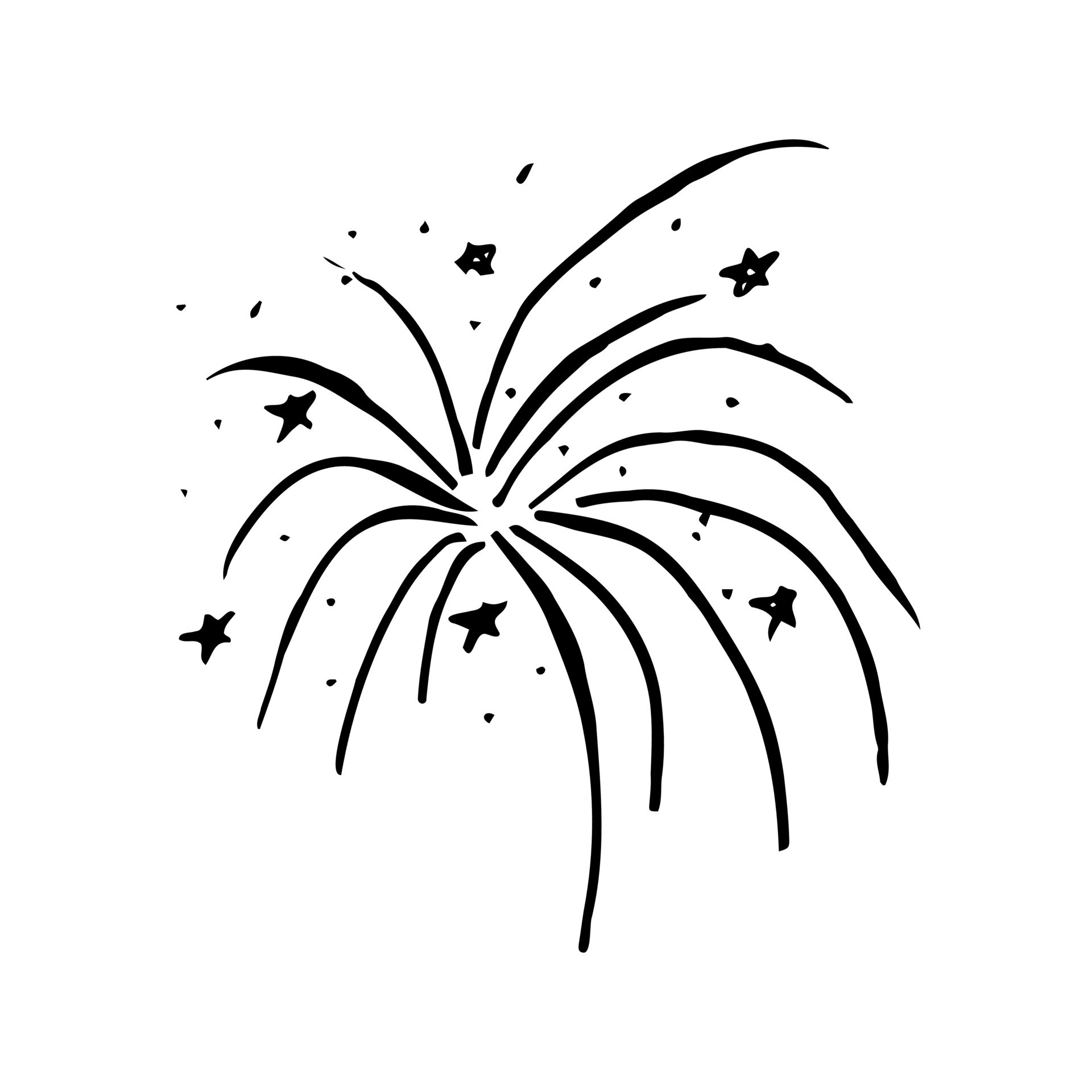 Um desenho preto e branco de fogos de artifício com as palavras fogos de  artifício no meio.