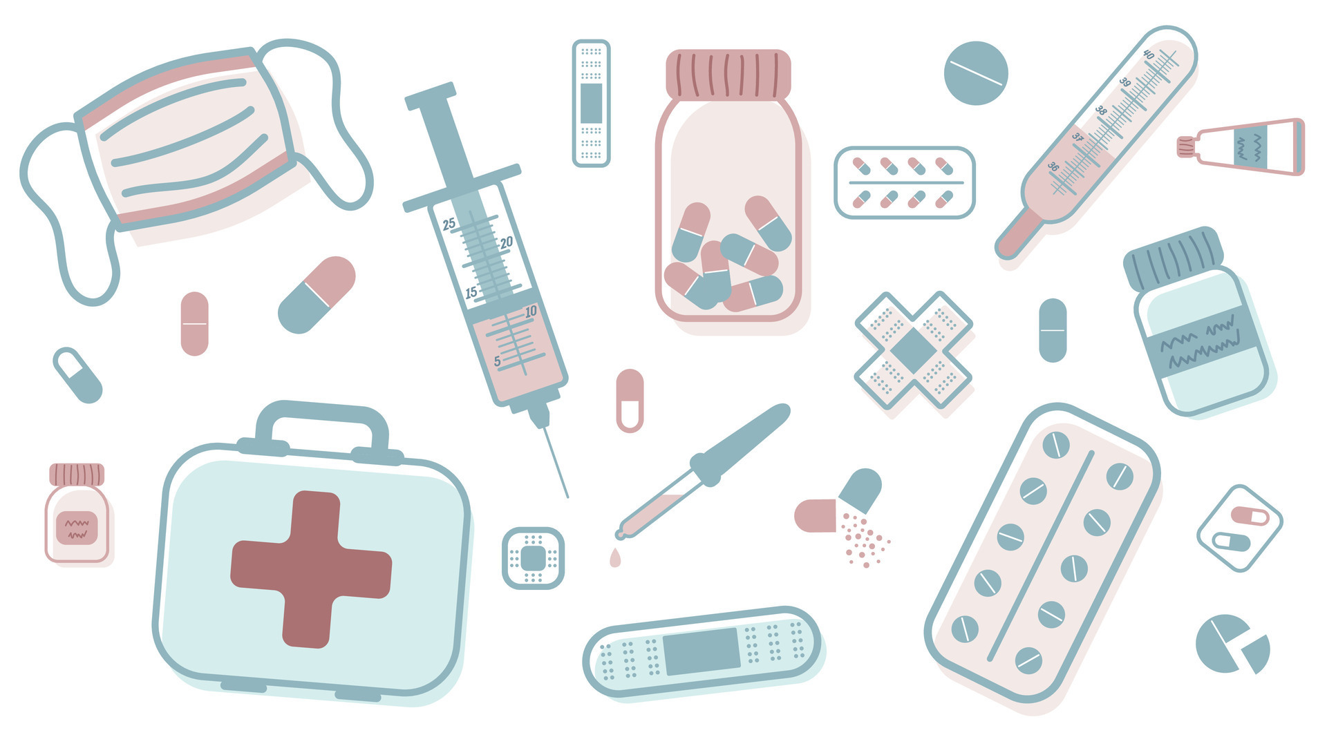Medicina Primeiros Socorros Kit Médico Tema Pílulas Garrafas Vetor