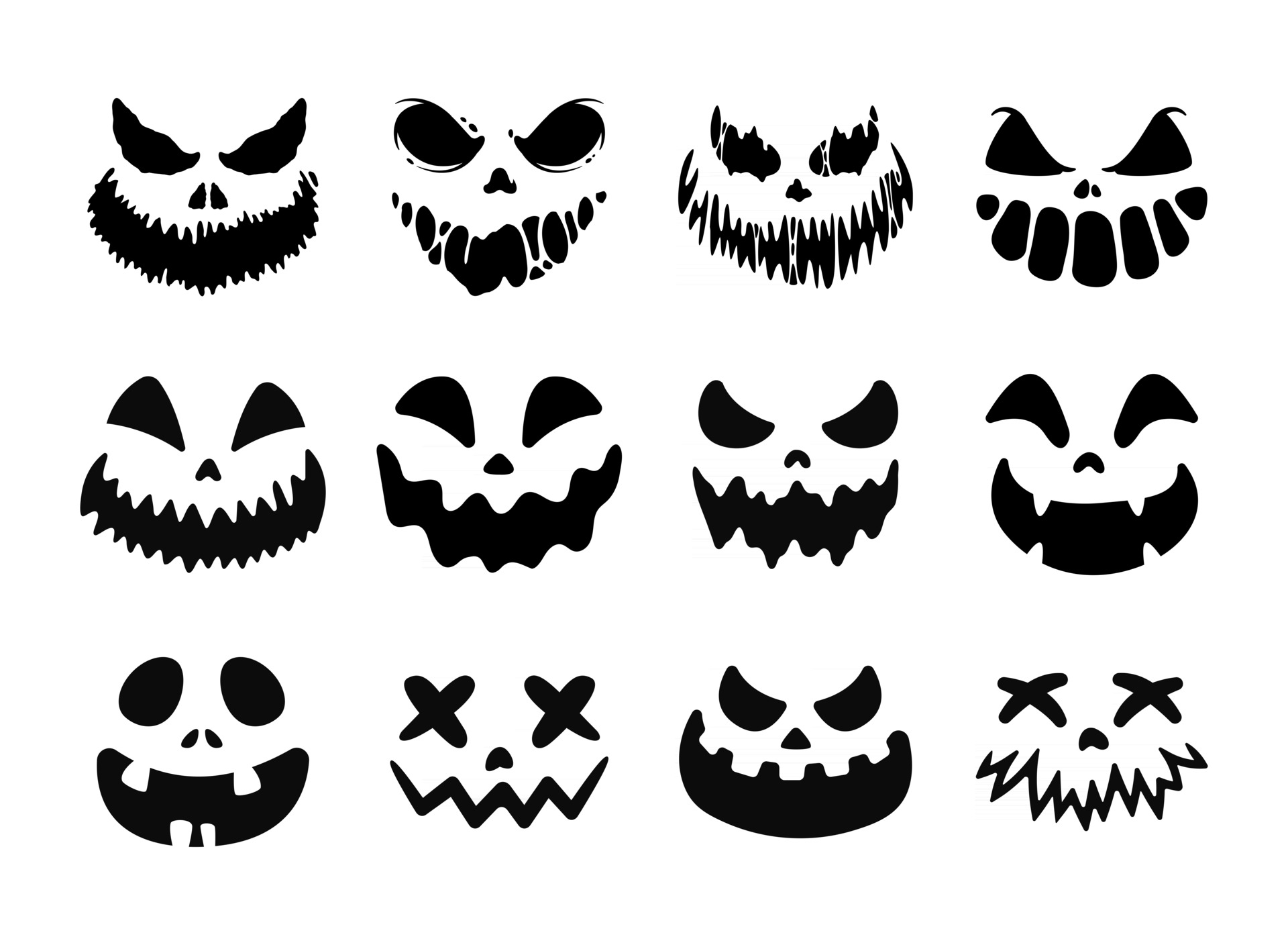Conjunto de silhueta de halloween rostos assustadores vetor pincelada  desenhada à mão