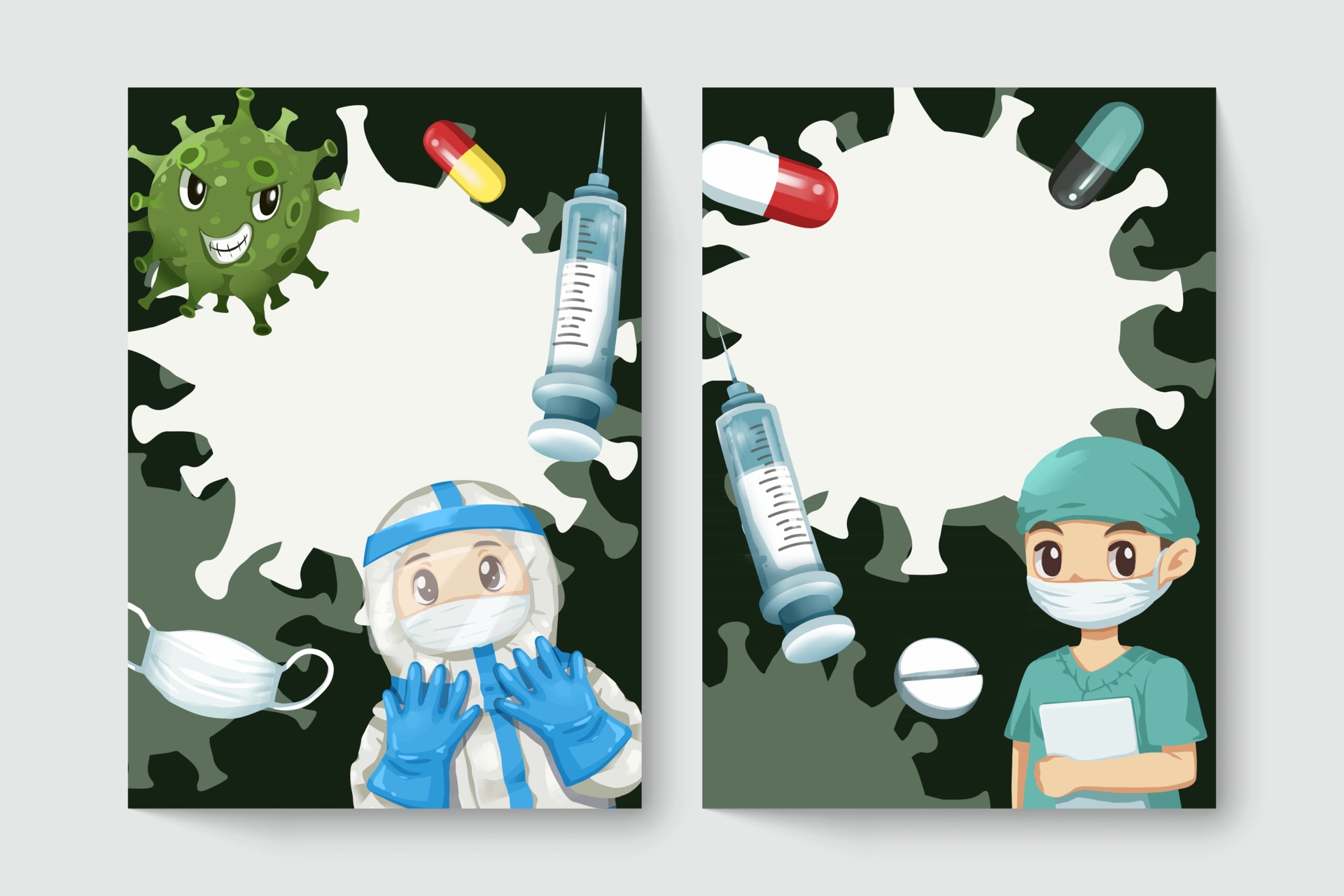 personagens de desenhos animados com medicamentos lutando contra o vírus  corona 2915981 Vetor no Vecteezy