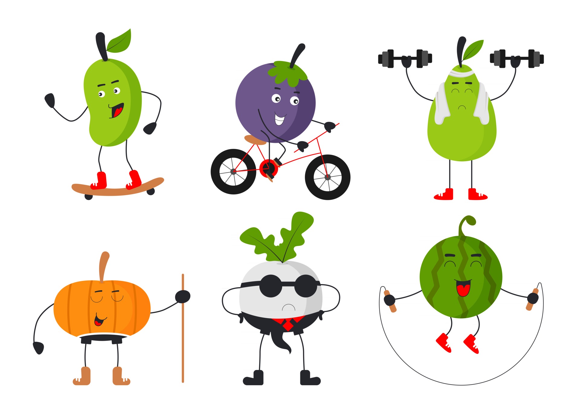 Fitness vegetais personagens de desenhos animados imagem vetorial