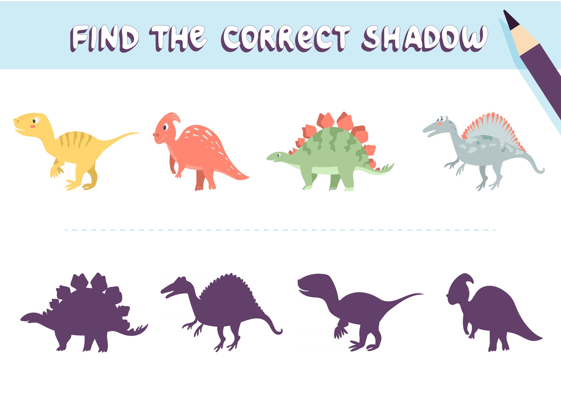 Encontre a sombra correta. dinossauro fofo. pequeno t-rex. jogo educativo  de correspondência para crianças. ilustração dos desenhos animados.