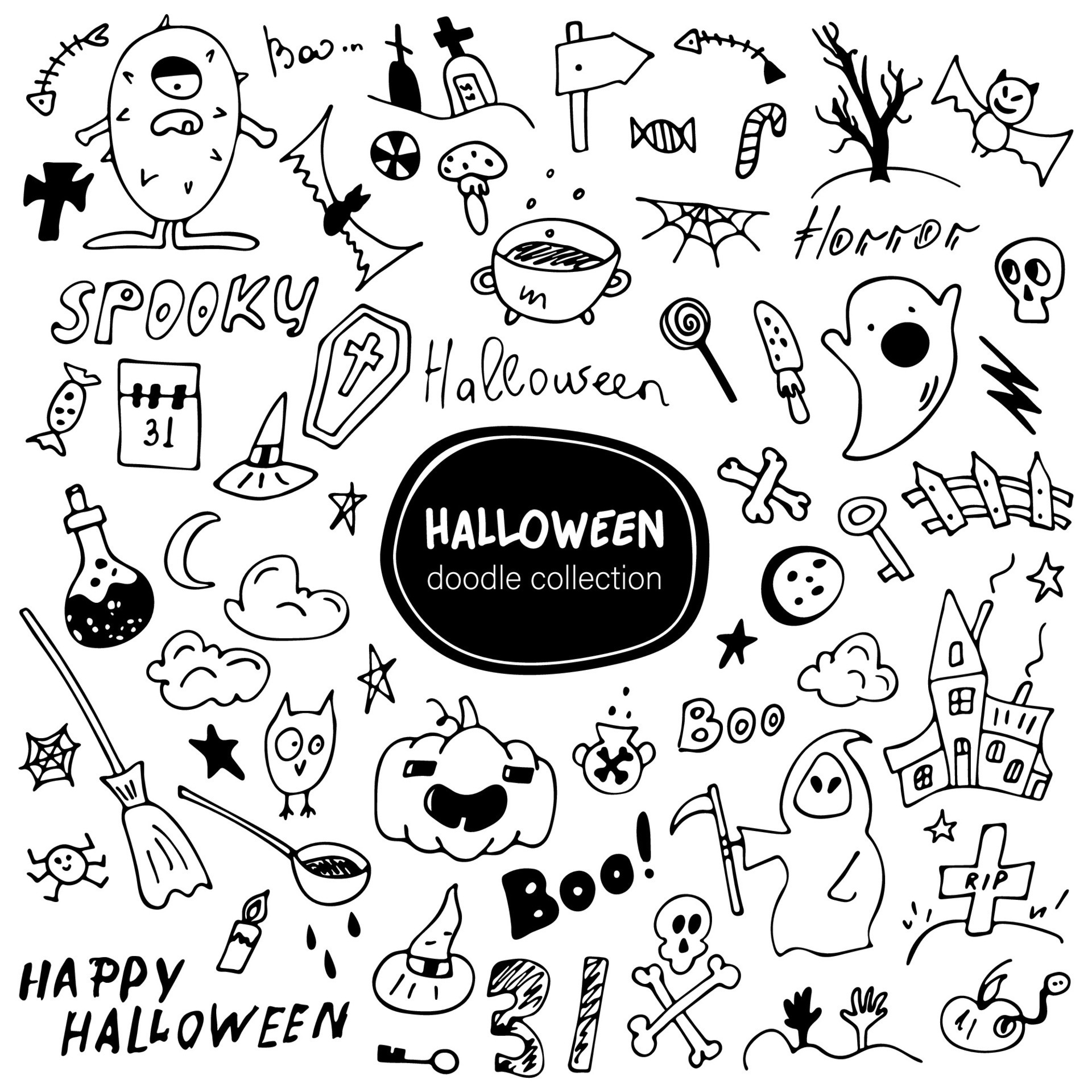 Halloween, o dia mais assustador do ano, desenhado à mão, adesivo