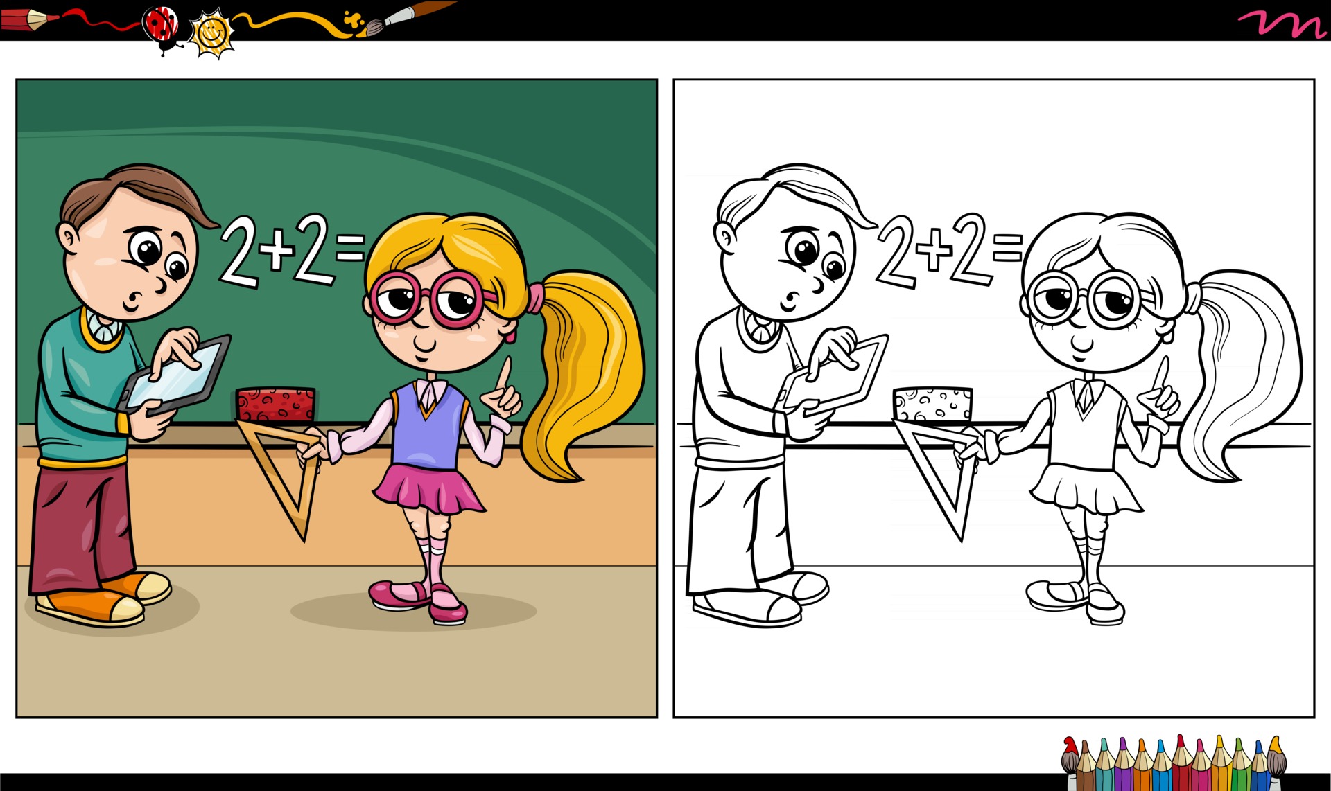 Livro de colorir para crianças ilustração com um lindo desenho de menina e  menino ensinando sobre educação online