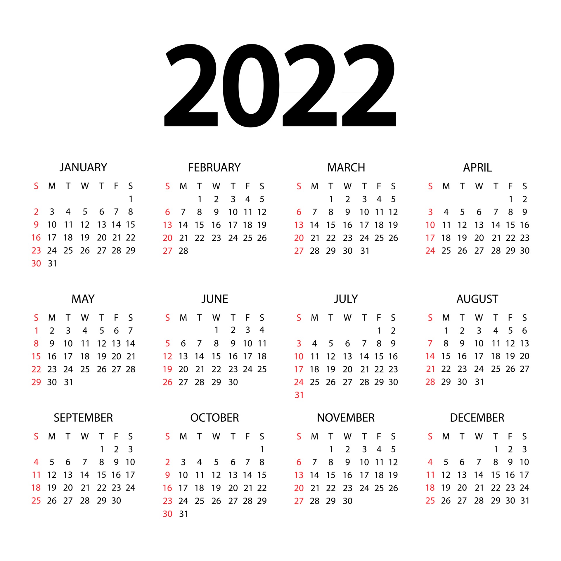 Calendário De 2022 Anos A Semana Começa No Domingo Modelo De