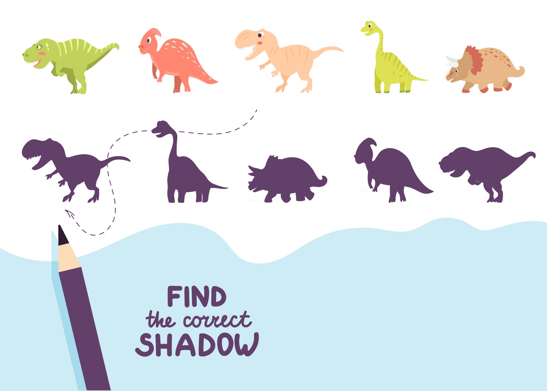 encontre a sombra correta. dinossauro fofo. jogo educativo para crianças.  coleção de jogos infantis. ilustração vetorial no estilo cartoon 2936719  Vetor no Vecteezy