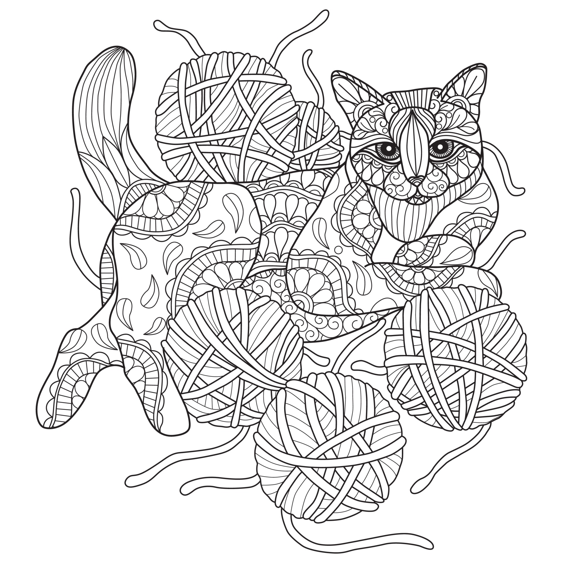 Gato bonito e folhas - Gatos - Coloring Pages for Adults